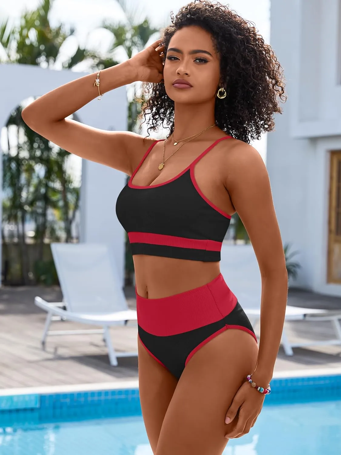 ANRABESS Women High Waisted Bikini Sets Color Block Summer Beach Vacation 2 Piece Bathing Suit Tummy Control Ribbed Swimsuit