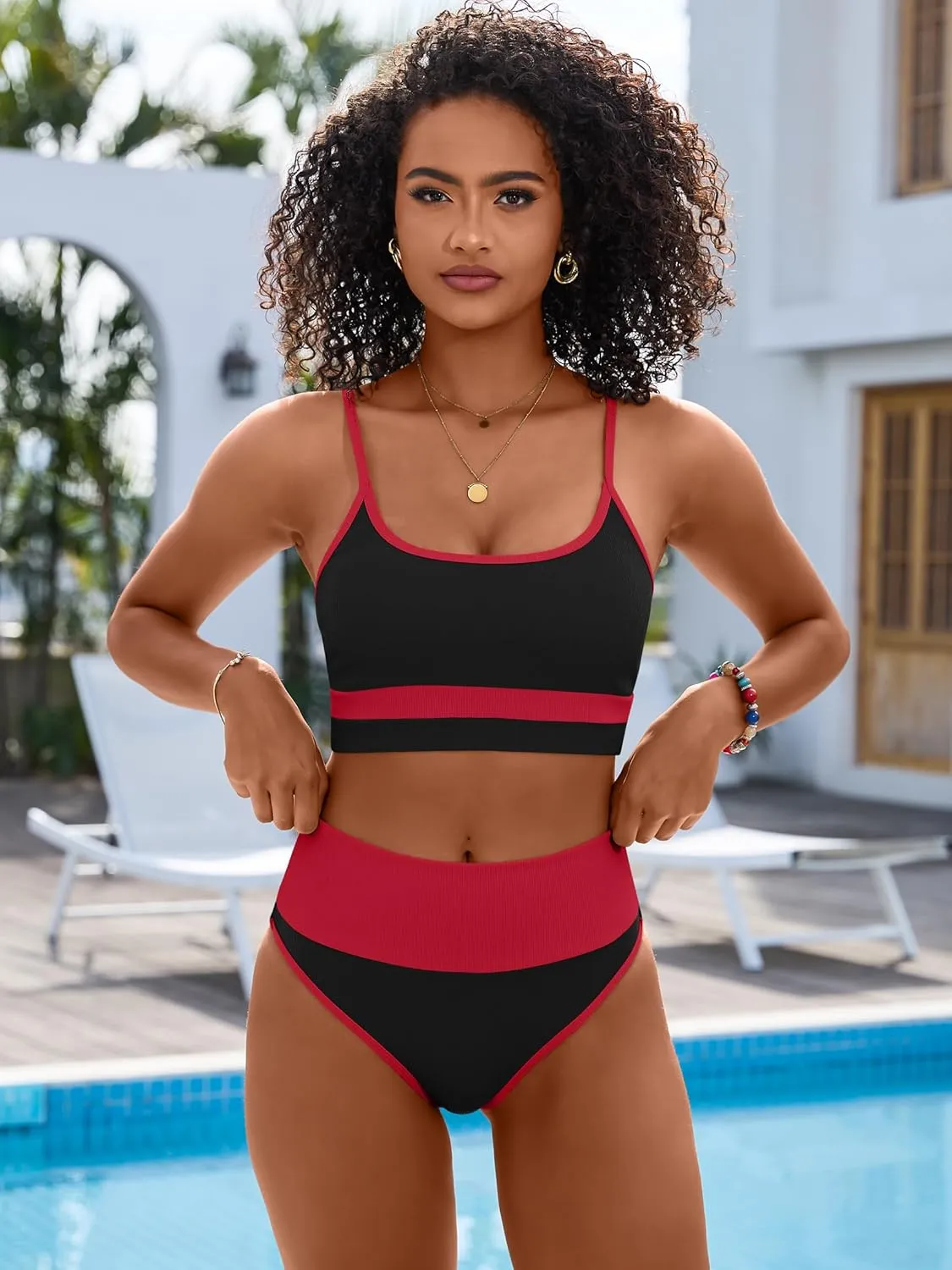 ANRABESS Women High Waisted Bikini Sets Color Block Summer Beach Vacation 2 Piece Bathing Suit Tummy Control Ribbed Swimsuit