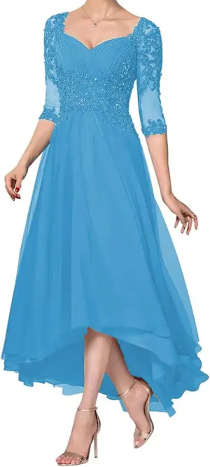 Applique Beaded Mother of The Bride Dress with 1/2 Sleeve High Low Laces Chiffon Mother Bride Dresses Aline