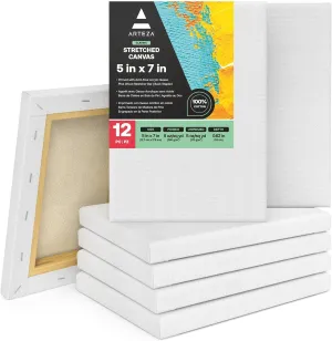 ARTEZA Stretched Canvas, 5 x 7 Inches, Pack of 12, Blank White Canvas for Painting for Acrylic, Oil and Gouache Paints