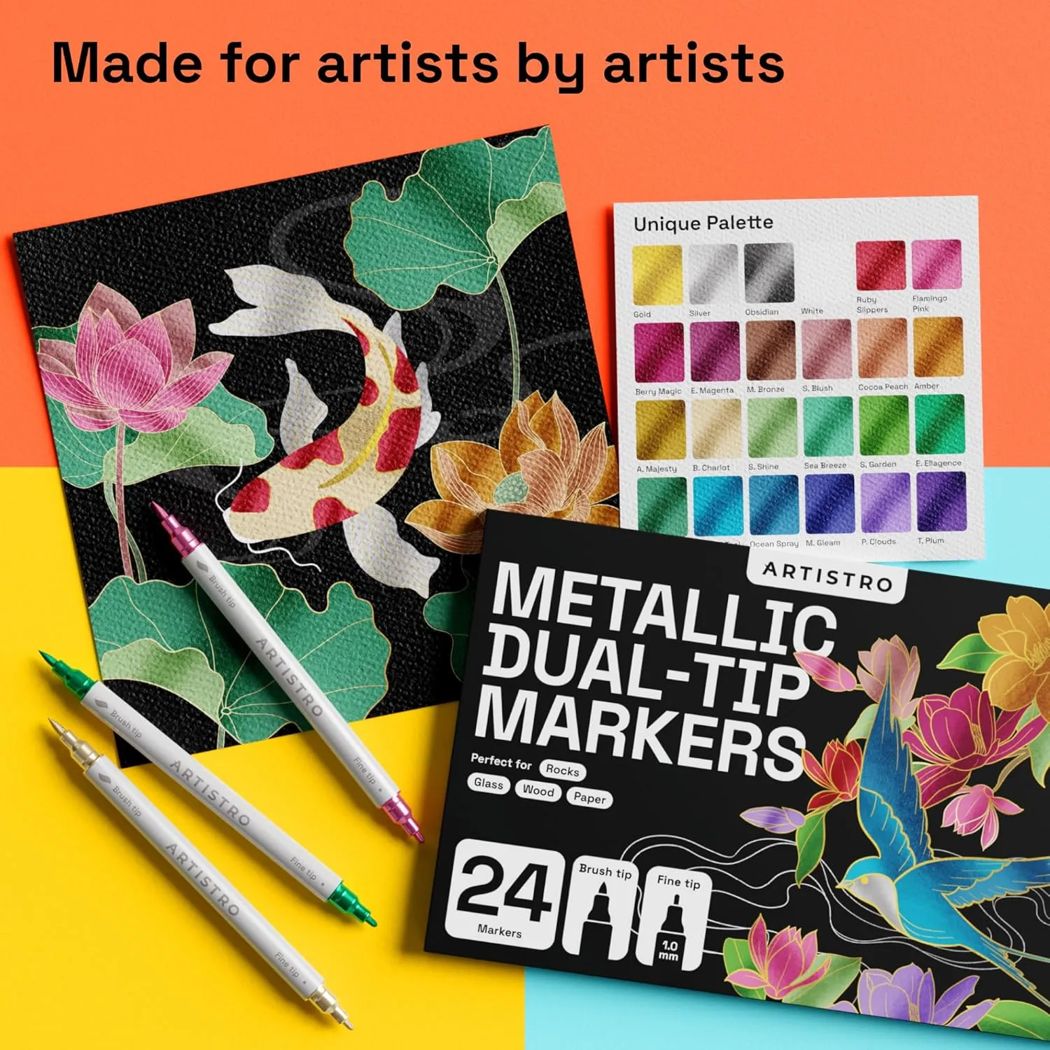 ARTISTRO 24 Metallic Dual-Tip Acrylic Paint Markers - Brush   Fine Tip Combo - Multi-Surface Shiny Paint Pens