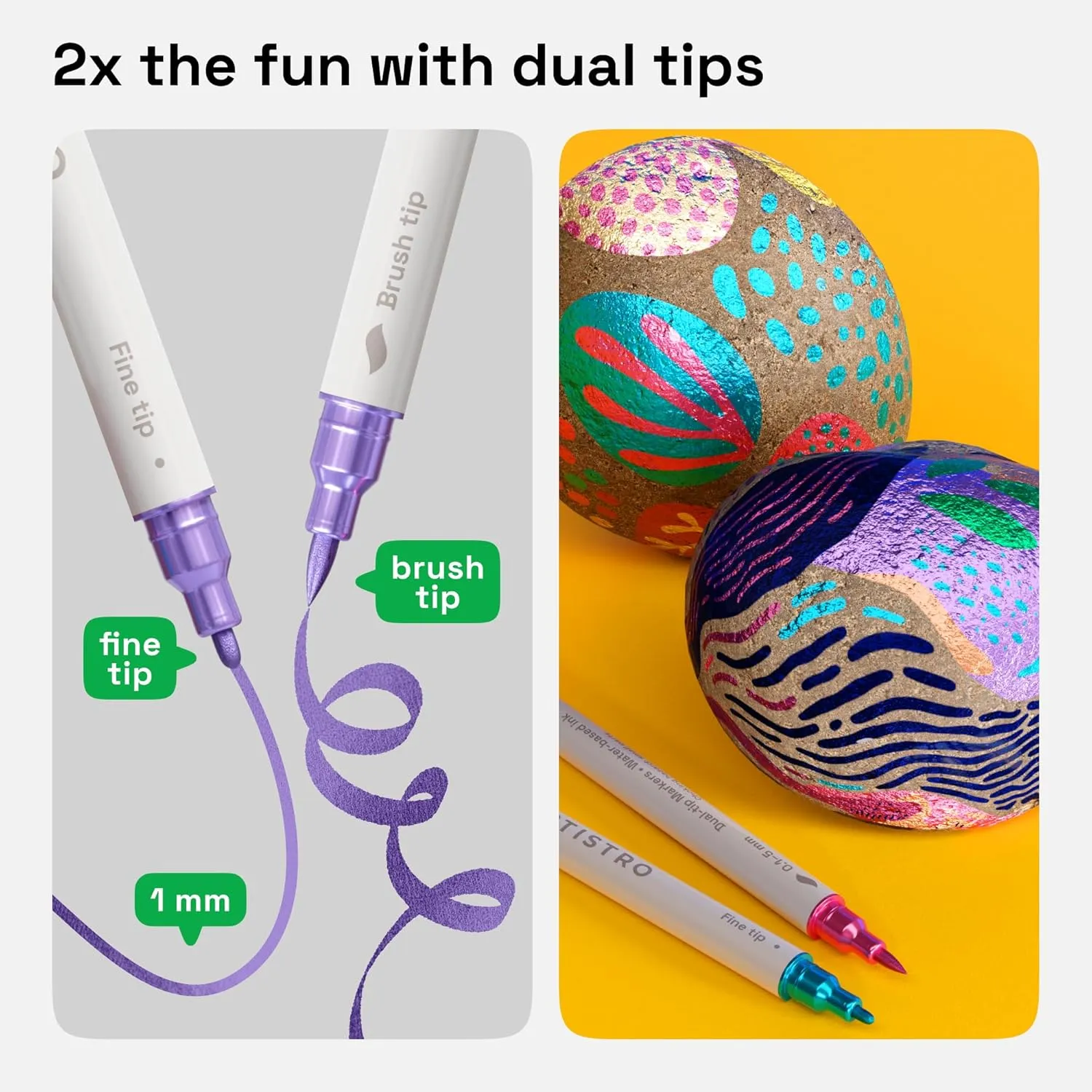 ARTISTRO 24 Metallic Dual-Tip Acrylic Paint Markers - Brush   Fine Tip Combo - Multi-Surface Shiny Paint Pens