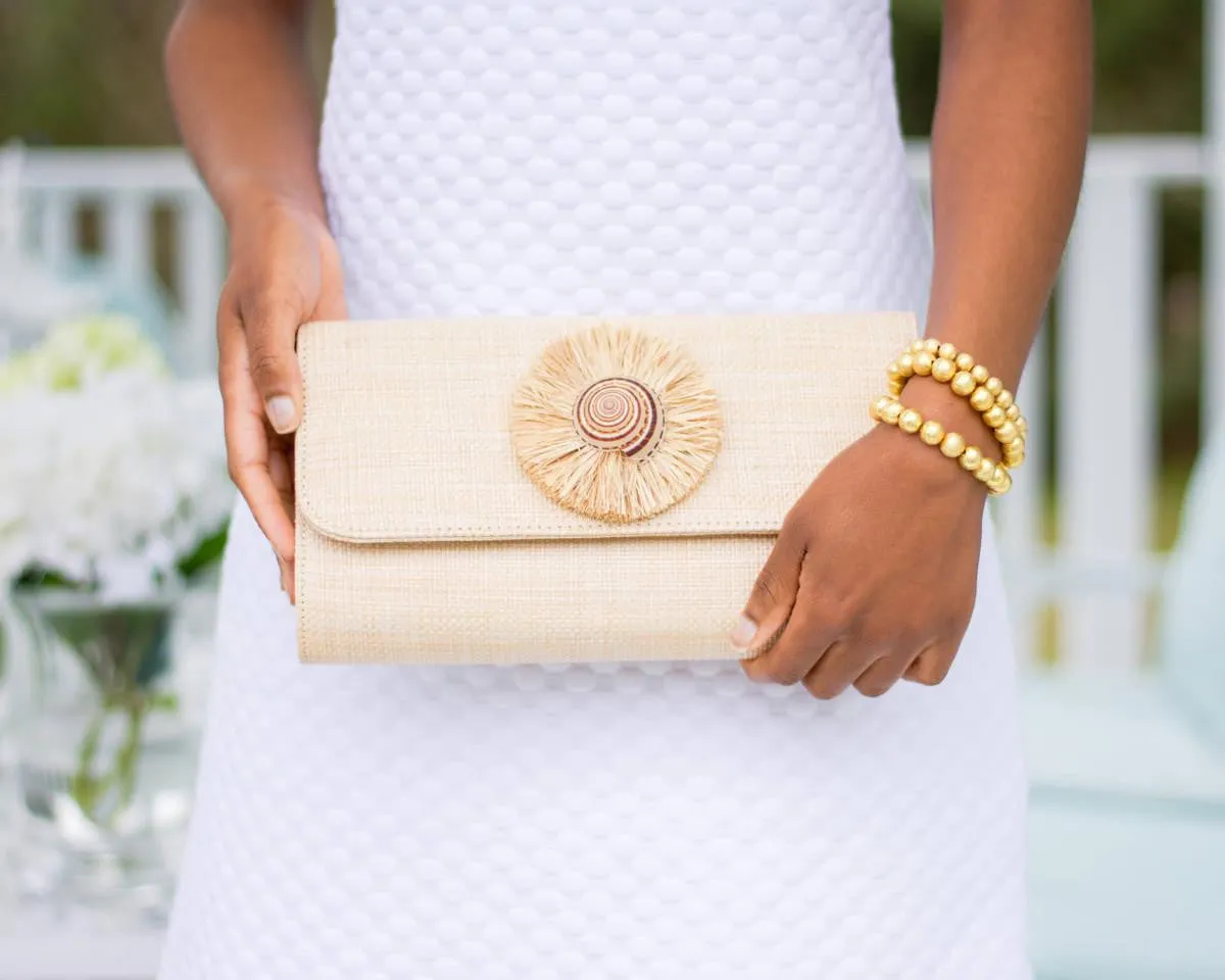 Avery  Straw Clutch - Natural Shell with Natural Raffia Round