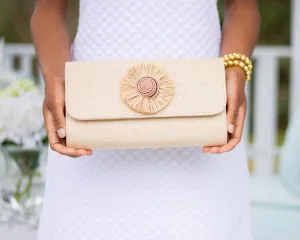 Avery  Straw Clutch - Natural Shell with Natural Raffia Round