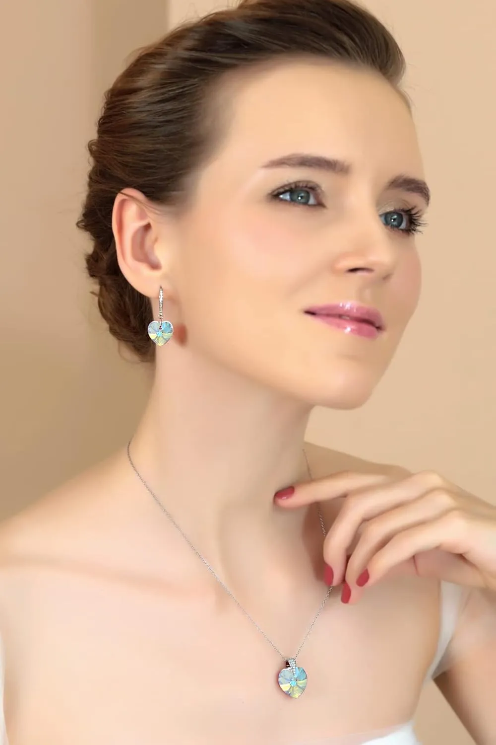 B. BRILLIANT Valentines Day Gifts Jewelry for Her Sterling Silver Colored European Crystal & CZ Accents Heart Pendant Necklace for Women Bridesmaids