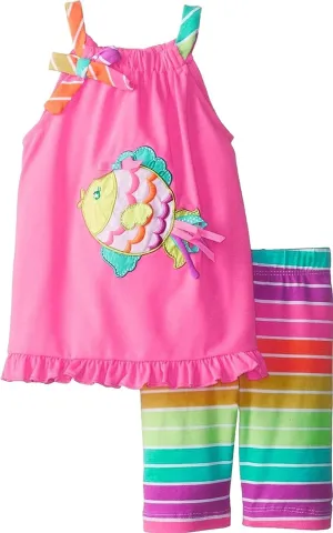 Baby Girls 3M-24M Fuchsia Rainbow Fish Applique Top/Shorts Set