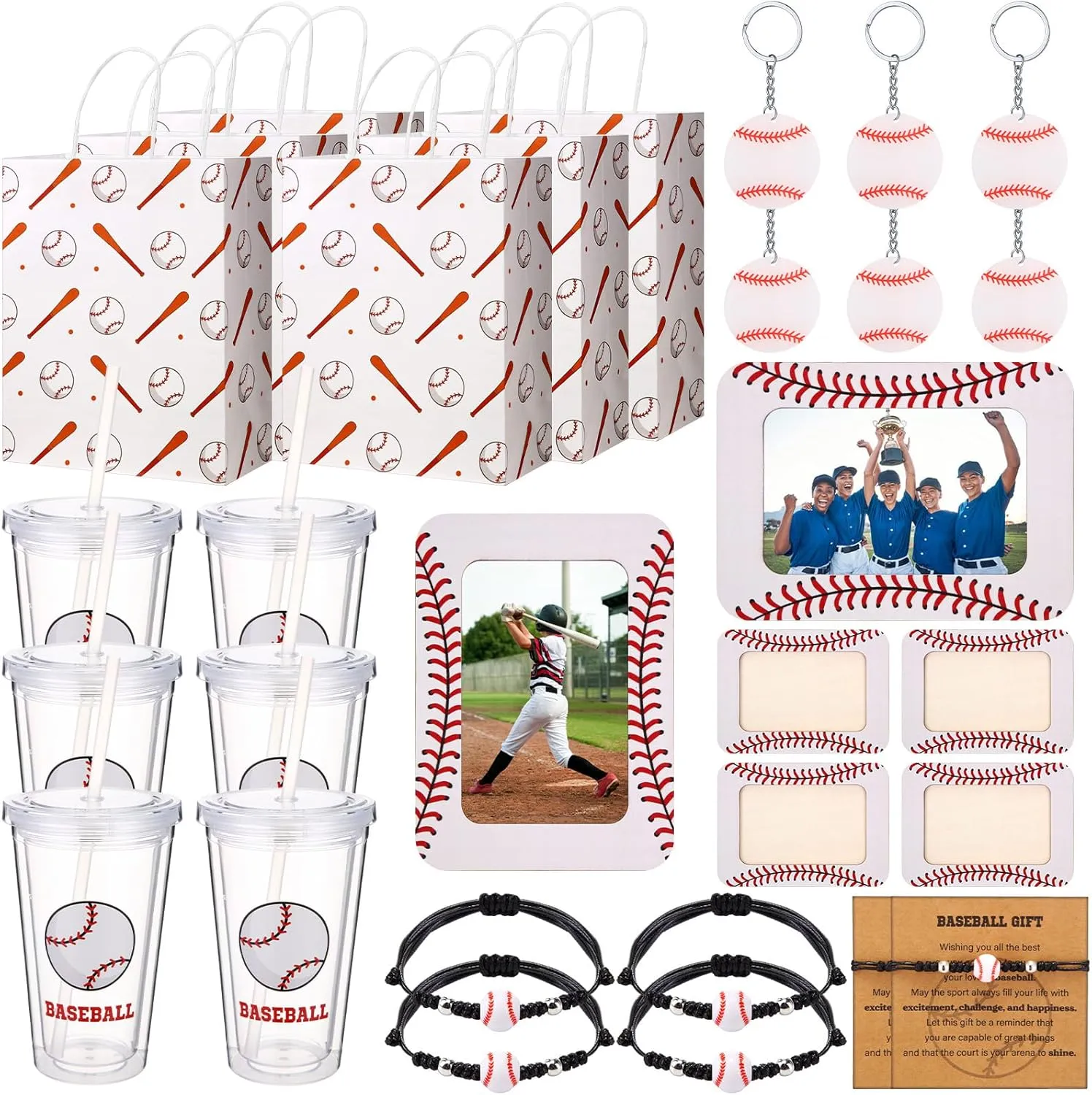 Ball Gifts Sports Theme Party Favors Set Include Photo Frame Plastic Cup Bracelet Keychain Gift Bag for Ball Party Reward Gifts(Baseball)