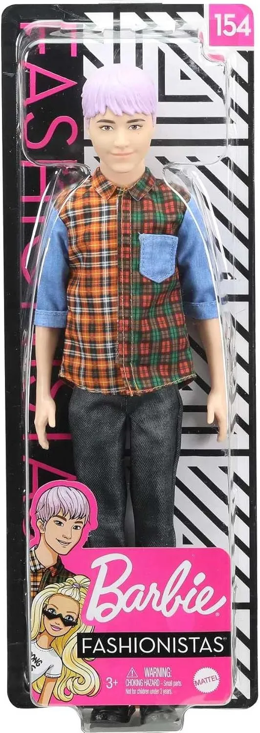 Barbie Ken Fashionistas Doll #154 with Sculpted Purple Hair Wearing a Color-Blocked Plaid Shirt, Black Denim Pants & Boots, Toy for Kids 3 to 8 Years Old