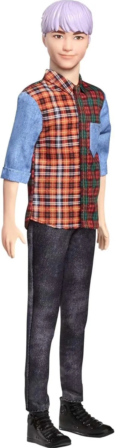 Barbie Ken Fashionistas Doll #154 with Sculpted Purple Hair Wearing a Color-Blocked Plaid Shirt, Black Denim Pants & Boots, Toy for Kids 3 to 8 Years Old