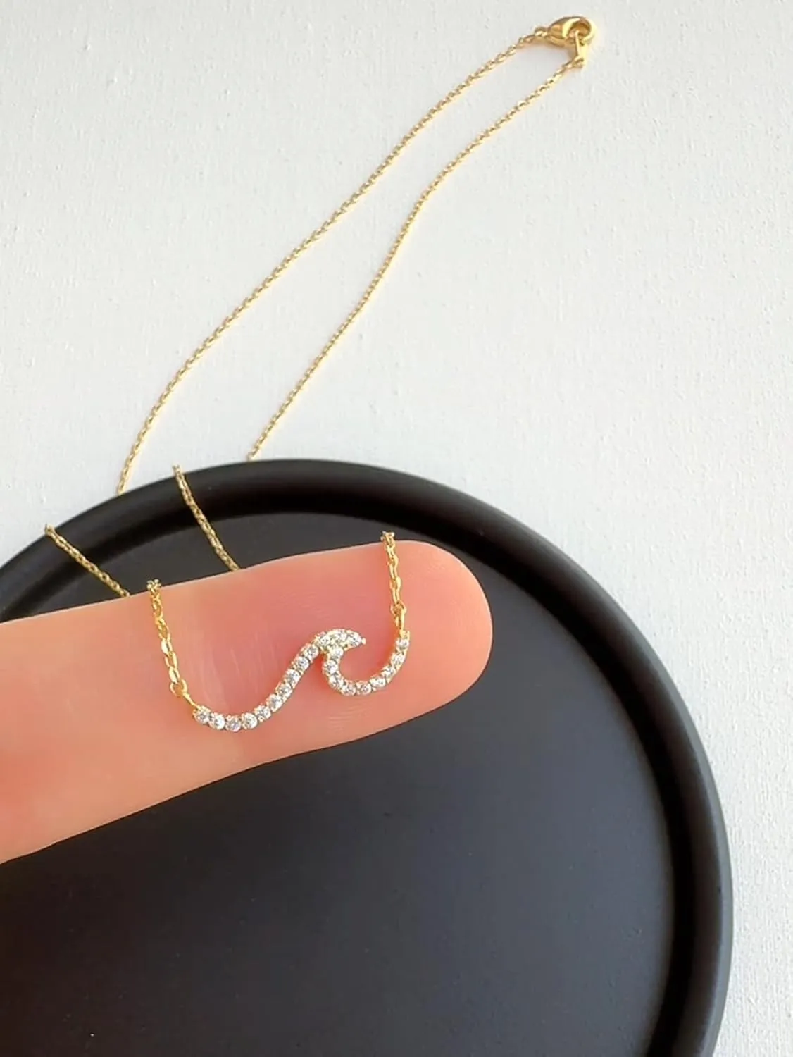 Beach Ocean Lover Necklace For Women, Beach Wave Whale tail Surfing Pendant Necklace 18K Gold Dipped Silver Dainty Beach Necklace (Gold, Cubic Zirconia Wave)