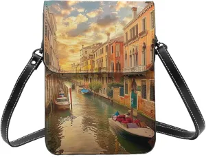 Beautiful Venice Canal View Printed Crossbody Cell Phone Bag for Women Men, Small Leather Cell Phone Purse Wallet, Hold Two Phones
