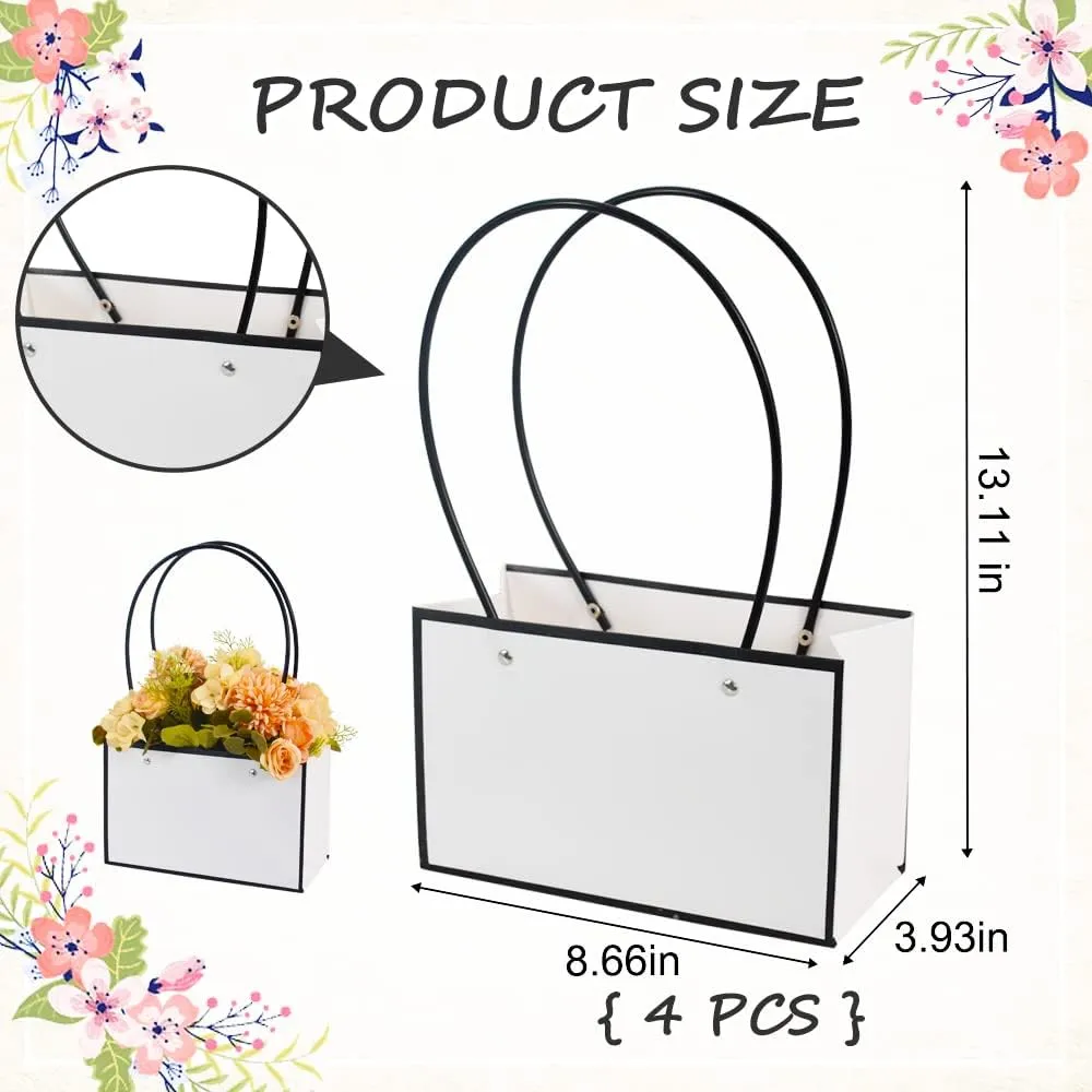 BEISHIDA White Flower Gift Bags for Bouquets,4PCS Rectangle Flower Bouquet Box with Handle for Bouquet Packaging Floral Wrap Florist Supplies Basket Graduation Wedding Valentine Gift Craft(8.6x3.9x13 in)