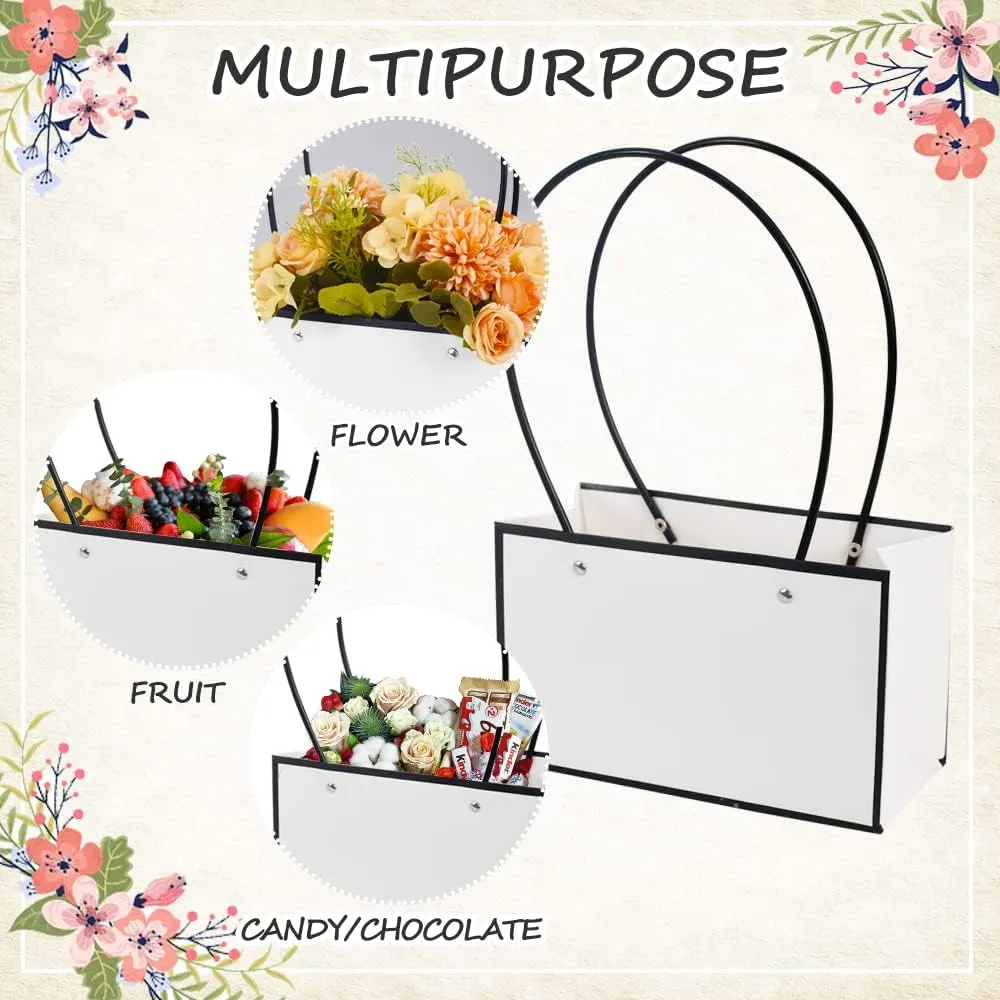 BEISHIDA White Flower Gift Bags for Bouquets,4PCS Rectangle Flower Bouquet Box with Handle for Bouquet Packaging Floral Wrap Florist Supplies Basket Graduation Wedding Valentine Gift Craft(8.6x3.9x13 in)