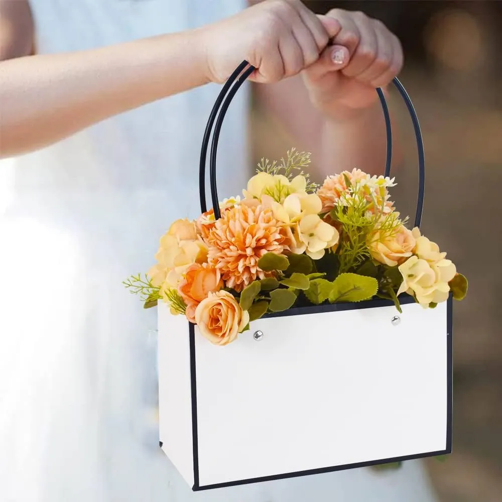 BEISHIDA White Flower Gift Bags for Bouquets,4PCS Rectangle Flower Bouquet Box with Handle for Bouquet Packaging Floral Wrap Florist Supplies Basket Graduation Wedding Valentine Gift Craft(8.6x3.9x13 in)