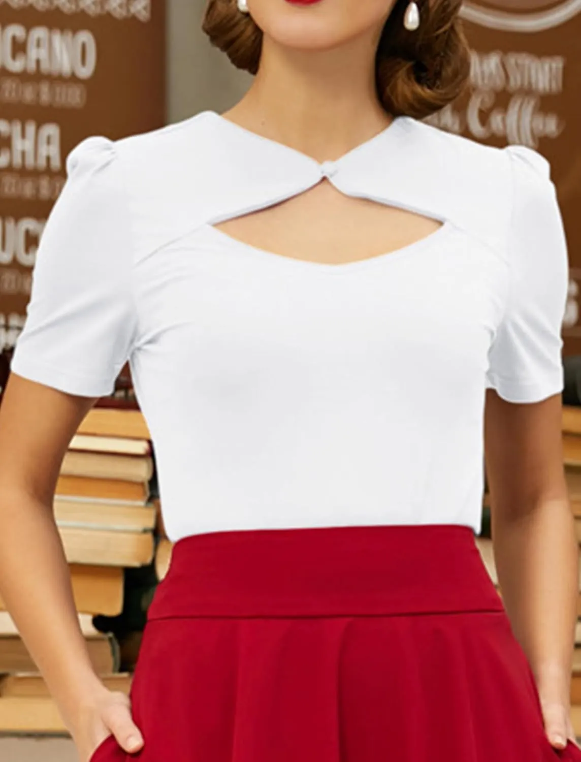 Belle Poque Women’s Hollowed-Out Tops 1950s Retro Vintage Short Sleeve Cotton Blouse
