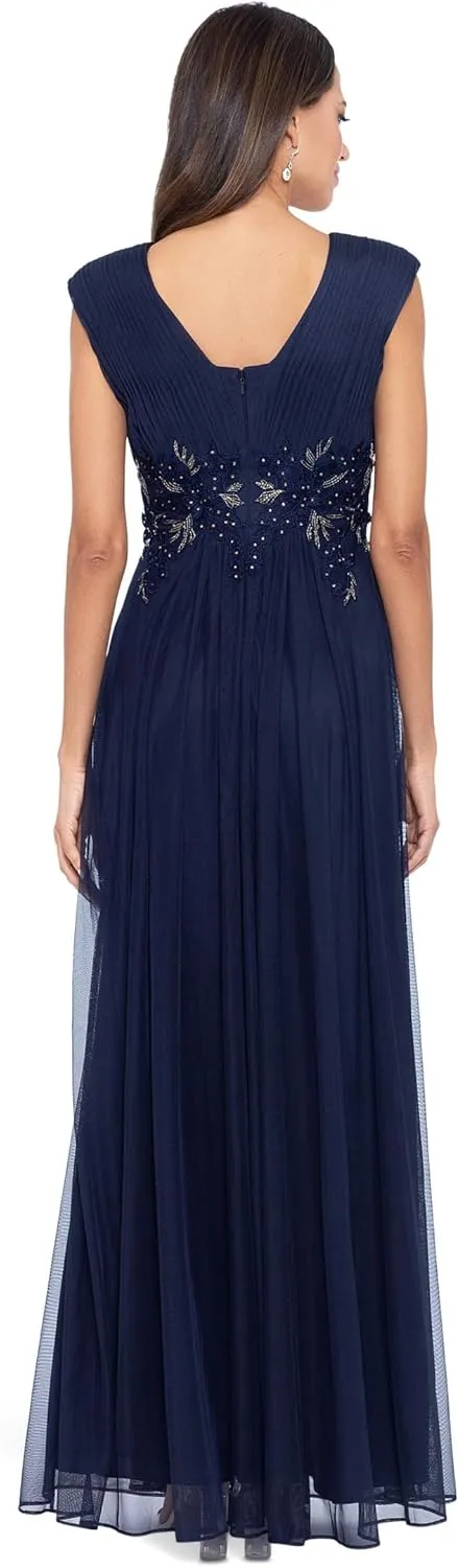Betsy & Adam Women's Sleeveless V-Neck Chiffon Formal Flowy Long Dress W/Embroidery Applique