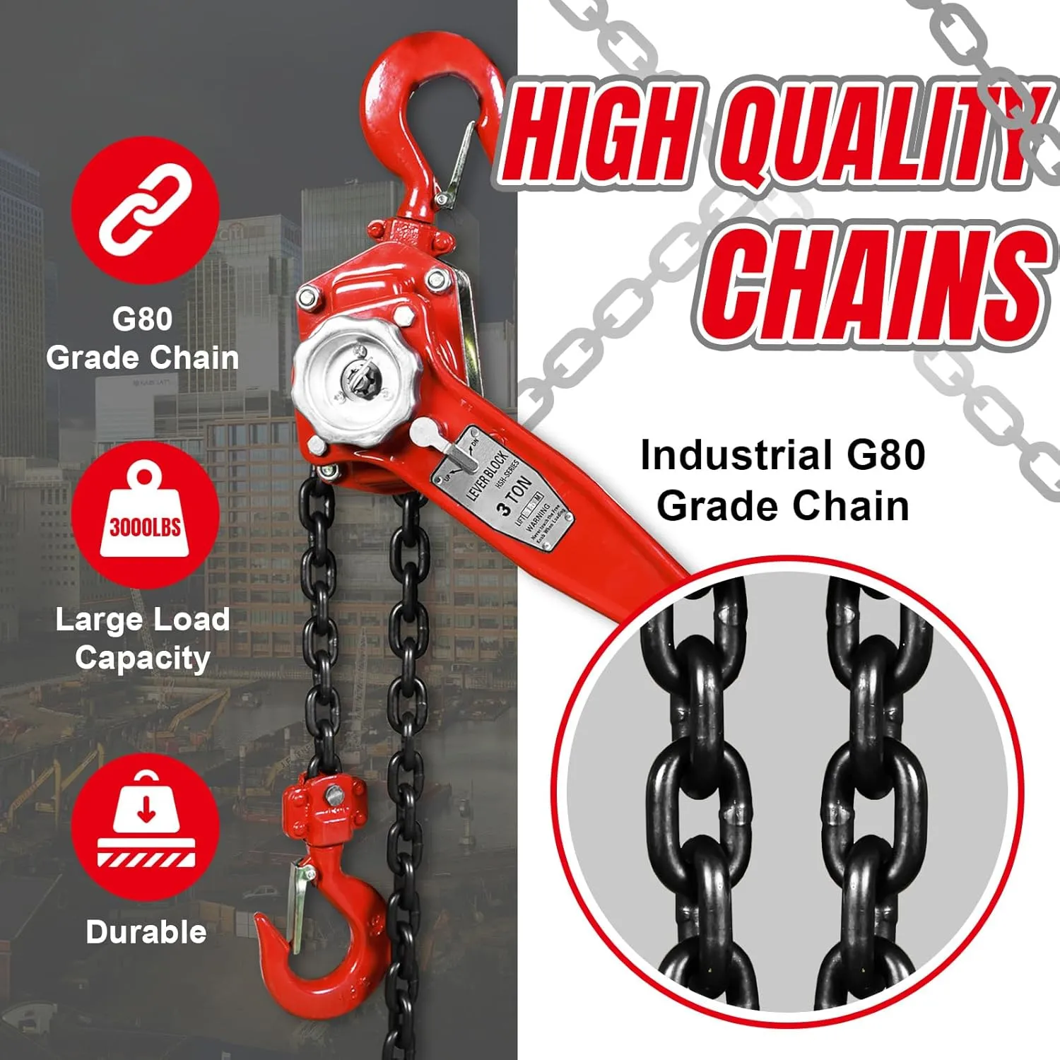 BIG RED Manual Lever Chain Hoist,3 Ton 6000 lbs Capacity Come Along,G80 Grade Steel with Double-Pawl Brake,2 Heavy Duty 360° Rotation Hooks for Garage Factory Warehouse Ports Automotive Machinery