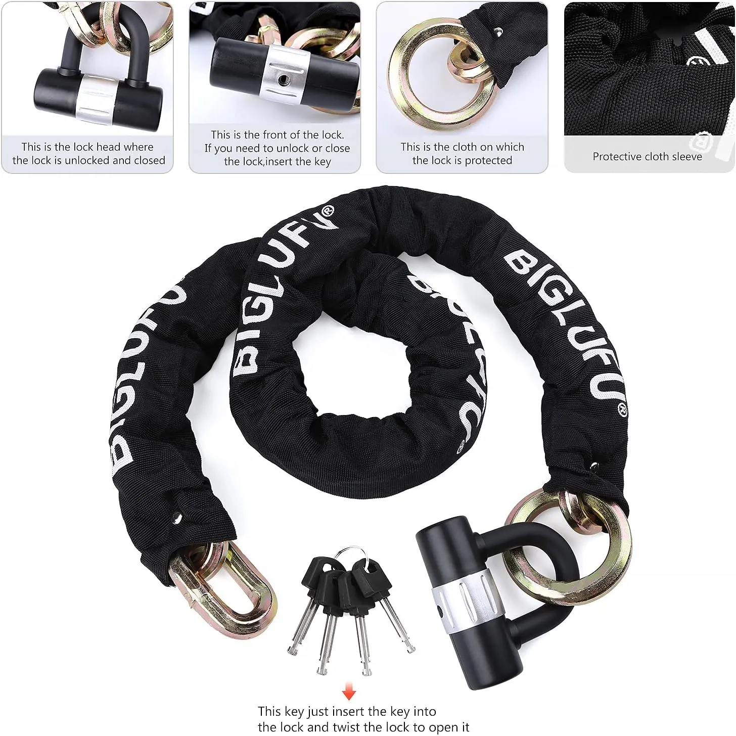 BIGLUFU Motorcycle Chain Lock 120cm/4ft Heavy Duty Bike Chain Lock Anti-Theft Durable Cut Proof 14mm Thick Security Bicycle Chain with 4Keys 16mm U Lock for Moped,Scooter,Motorcycles