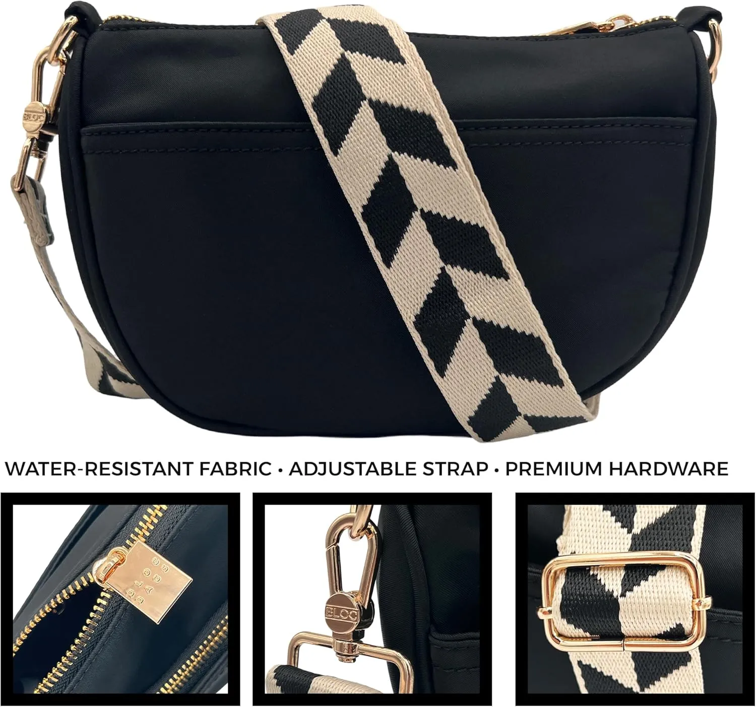 BLOC Bags Crossbody Bags for Women Half Moon Purse Designer Small Shoulder Handbag Triple Pocket with Zippers and Wide Strap