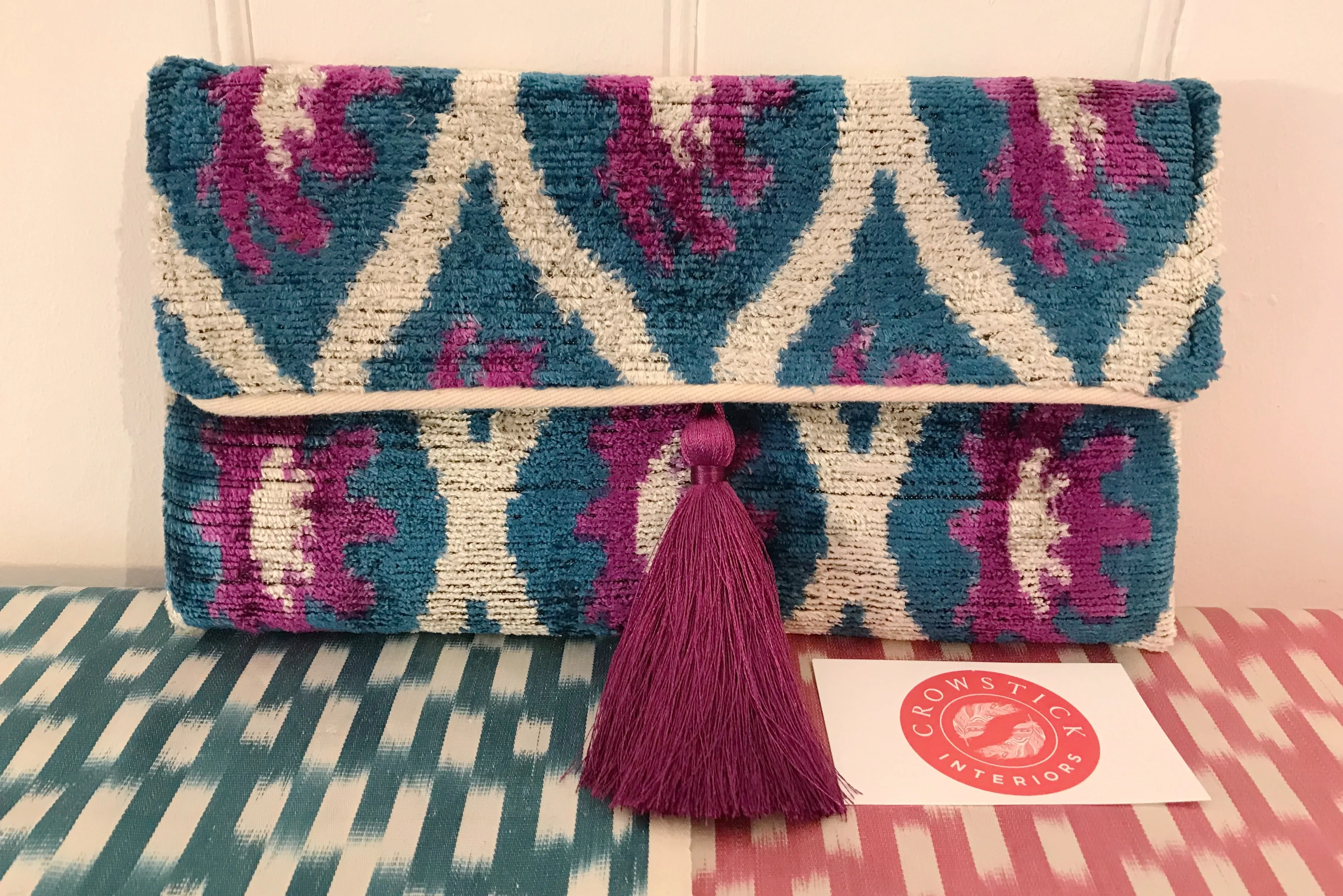 Blue & Purple Velvet Ikat Clutch Bag
