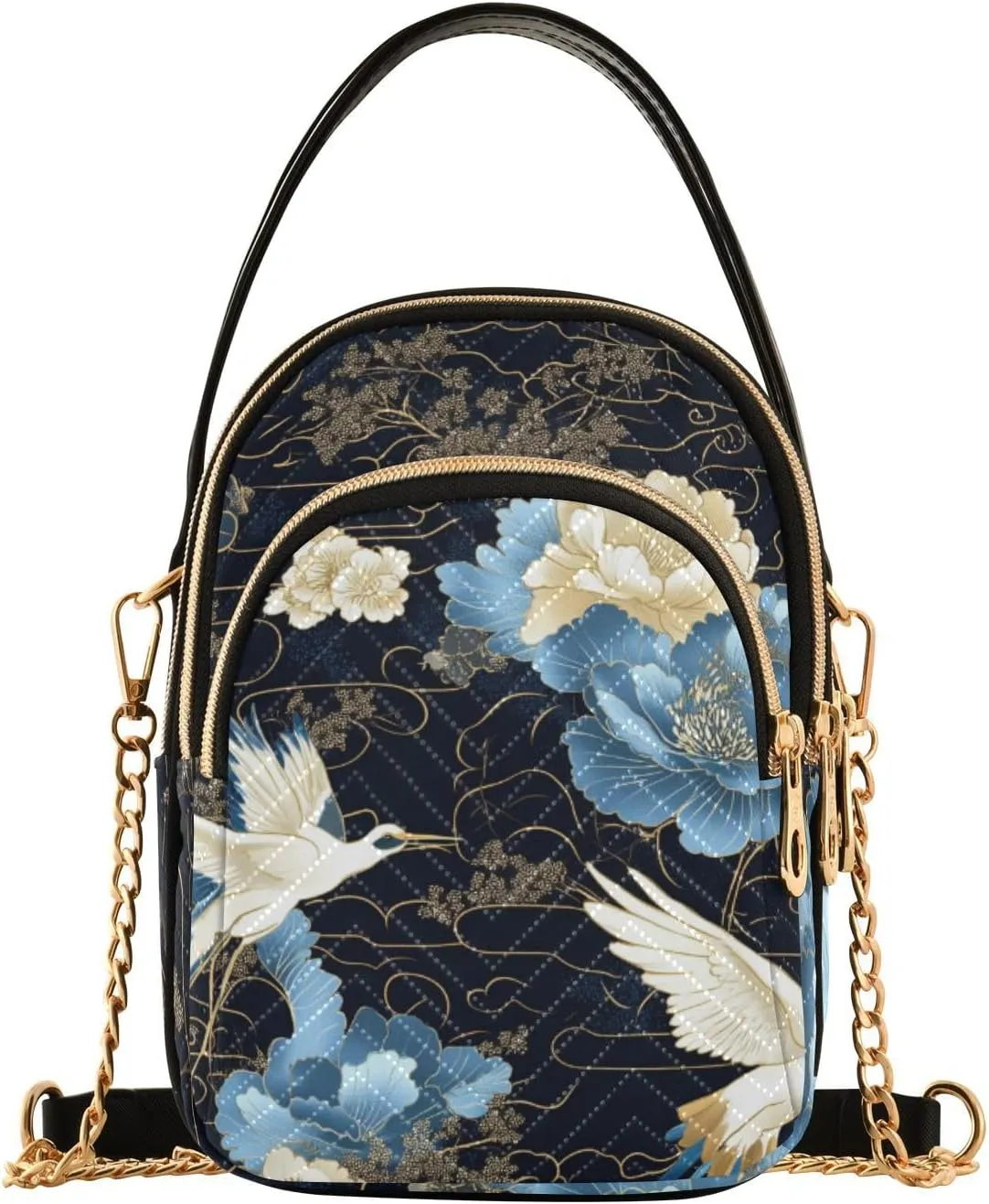 Blue and White Vintage Crane Flowers trendy women's crossbody with multi pockets hand bag for women for wife
