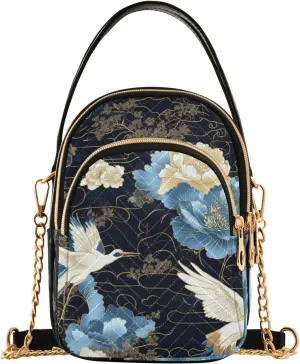 Blue and White Vintage Crane Flowers trendy women's crossbody with multi pockets hand bag for women for wife