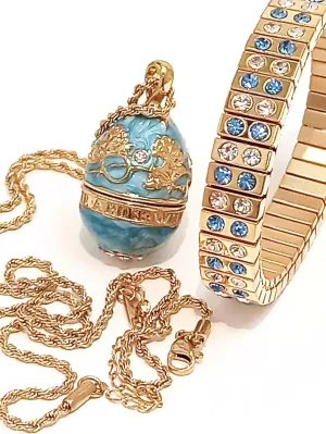 Blue Topaz Handmade Designer Faberge Egg Pendant Necklace Locket for Women & Bracelet Gift Birthday Anniversary Present her Ladies 24k Gold Jewelry Set 2ct