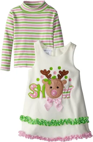 Bonnie Jean Little Girls 2T-6X Ivory Snow Reindeer Fleece Jumper Dress Set