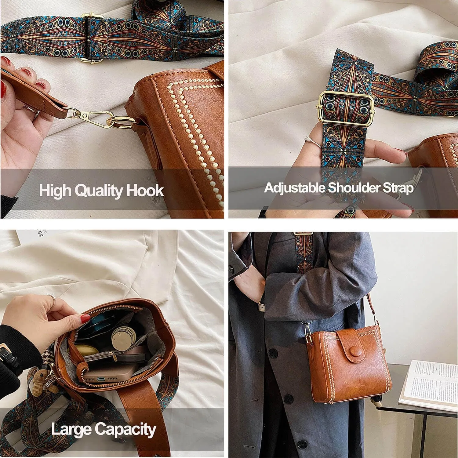 Bootara Retro Bucket Bag for Women,Vintage Quilted Leather Shoulder Handbag with Wide Strap, Adjustable Crossbody Purse
