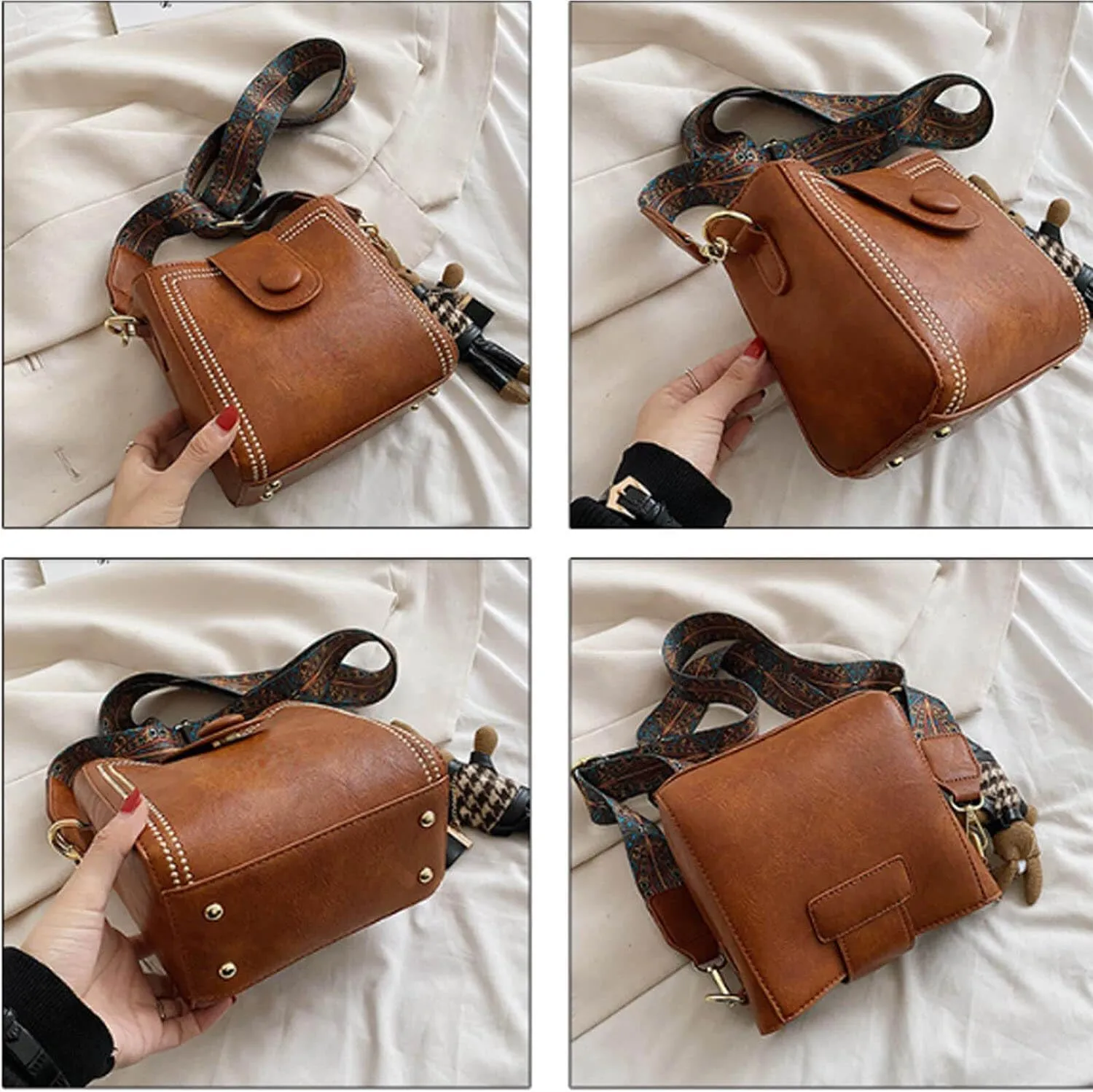 Bootara Retro Bucket Bag for Women,Vintage Quilted Leather Shoulder Handbag with Wide Strap, Adjustable Crossbody Purse