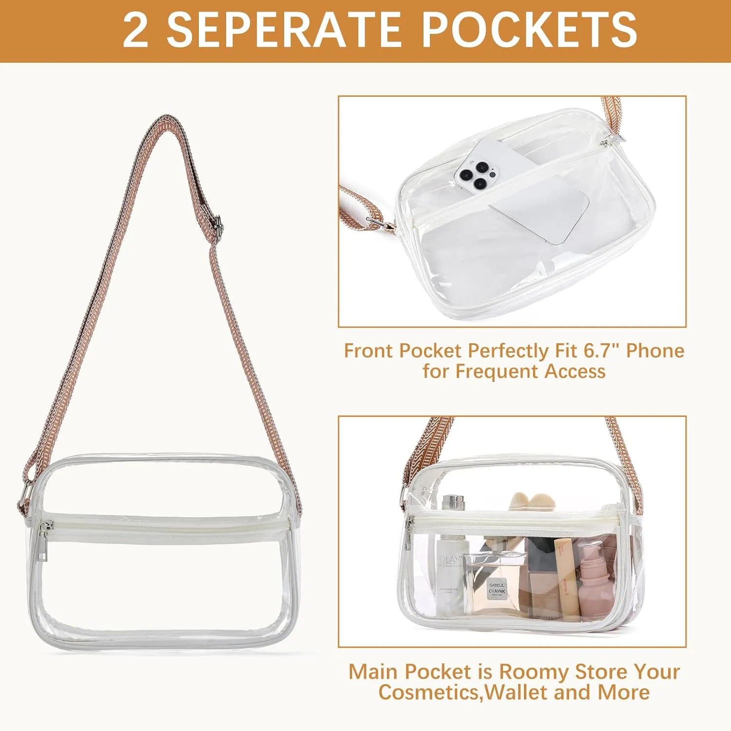 BOSTANTEN Clear Bag for Women Stadium Approved Clear Bags Small Crossbody Purse Trendy for Concerts Sports Events