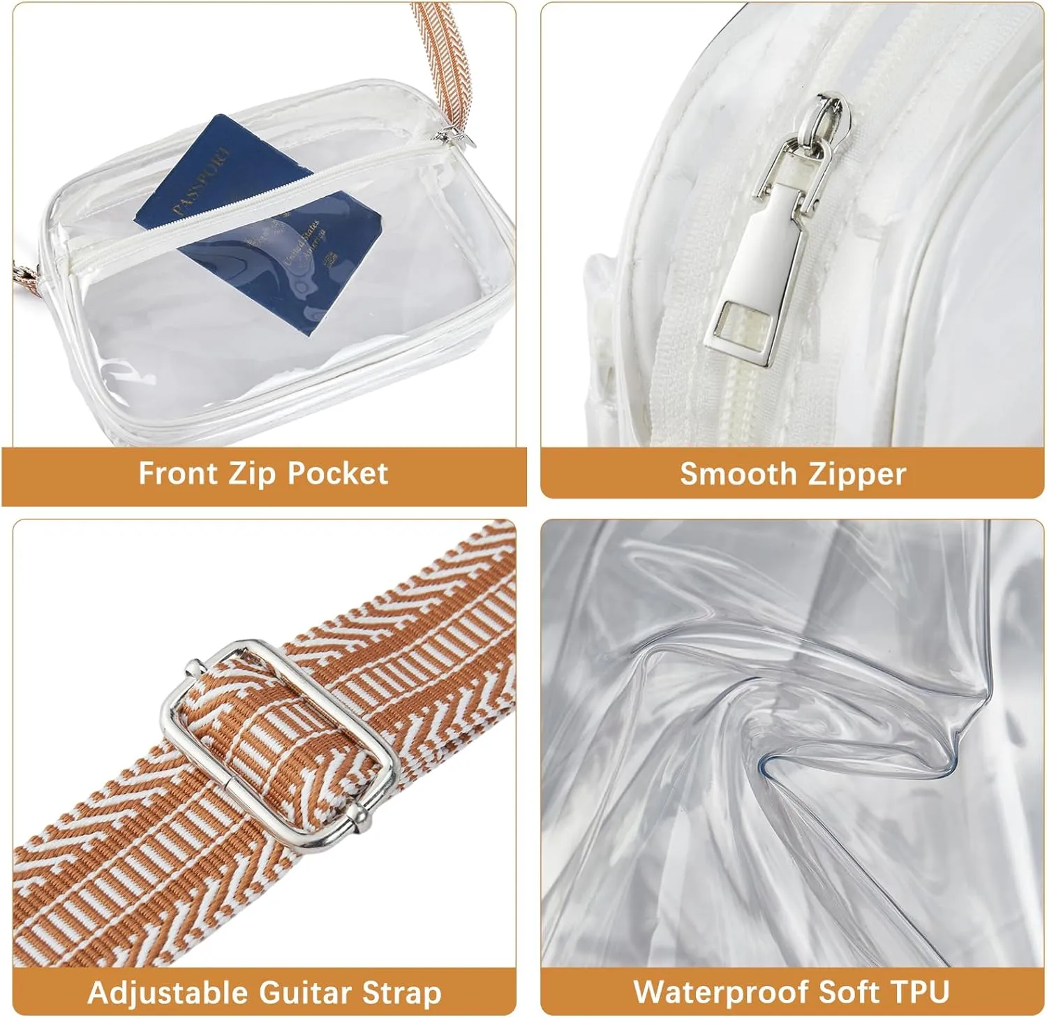 BOSTANTEN Clear Bag for Women Stadium Approved Clear Bags Small Crossbody Purse Trendy for Concerts Sports Events