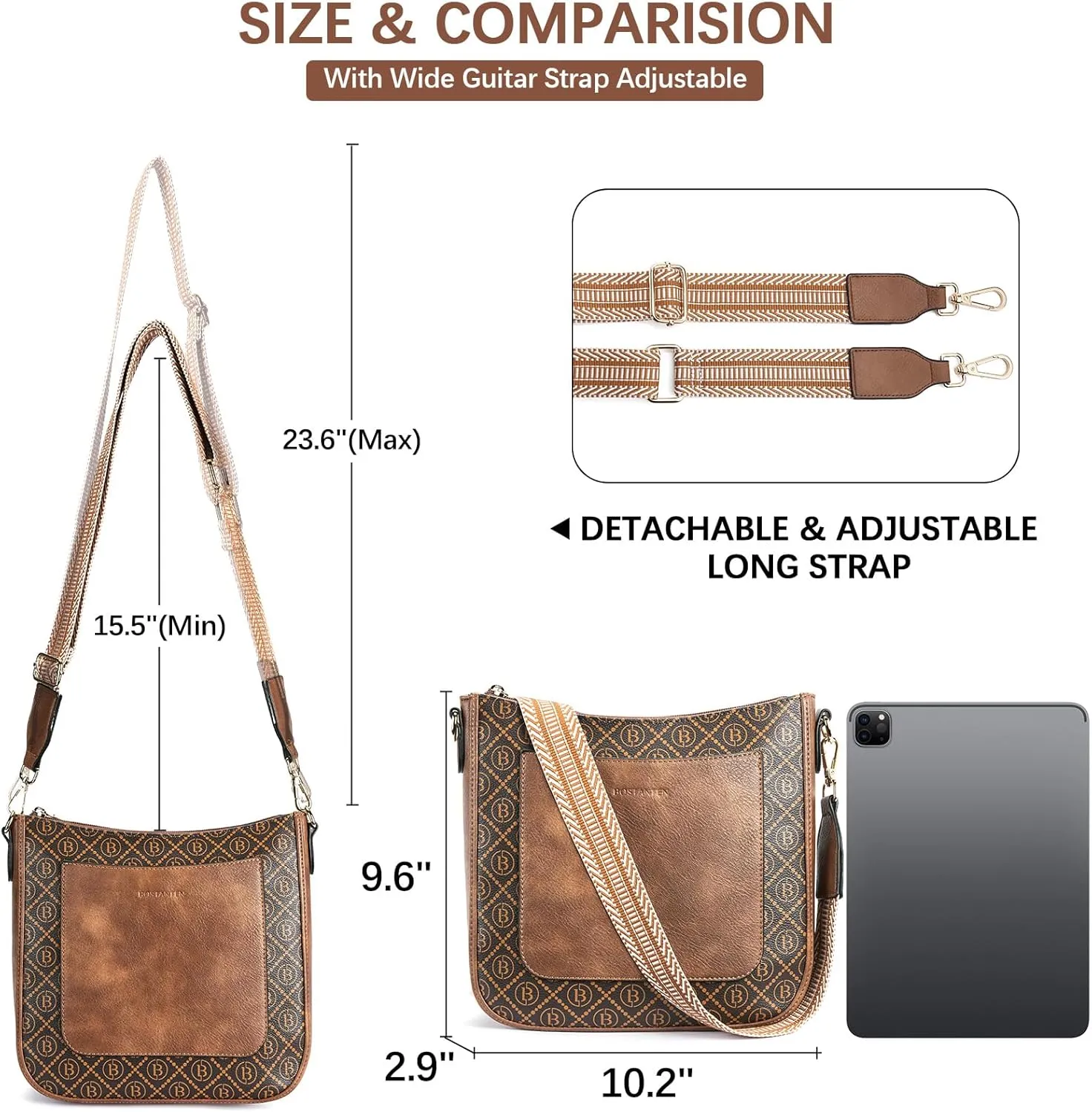 BOSTANTEN Crossbody Bags for Women Trendy Vegan Leather Hobo Handbags Fashion Shoulder Purse with Adjustable Guitar Strap