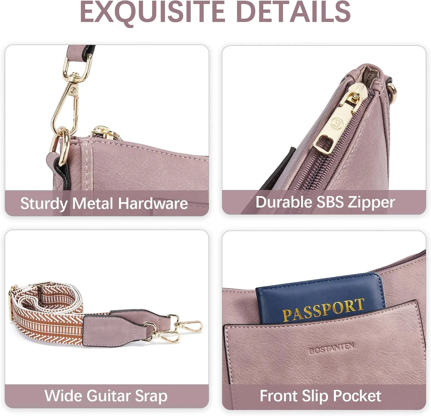 BOSTANTEN Crossbody Bags for Women Trendy Vegan Leather Hobo Handbags Fashion Shoulder Purse with Adjustable Guitar Strap