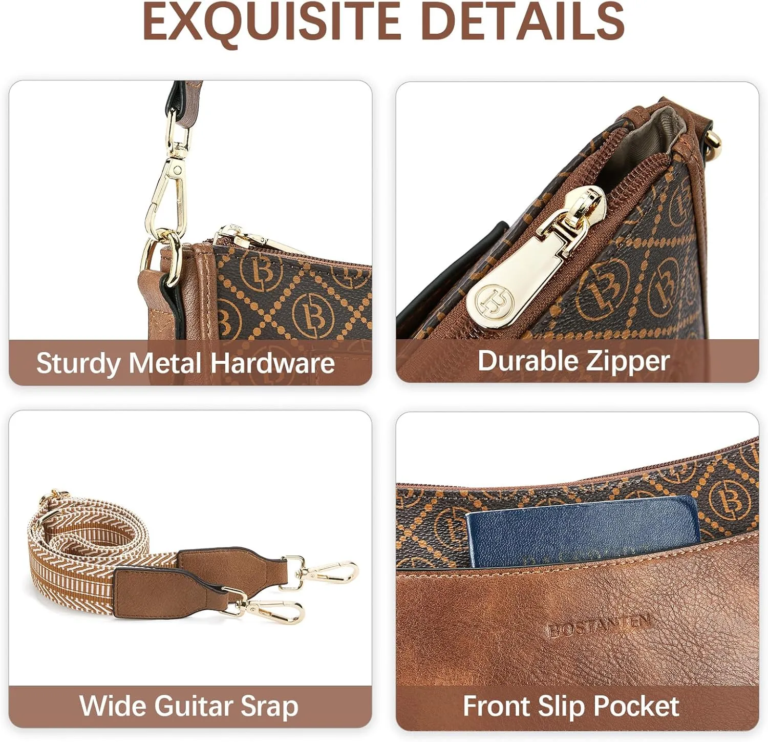 BOSTANTEN Crossbody Bags for Women Trendy Vegan Leather Hobo Handbags Fashion Shoulder Purse with Adjustable Guitar Strap