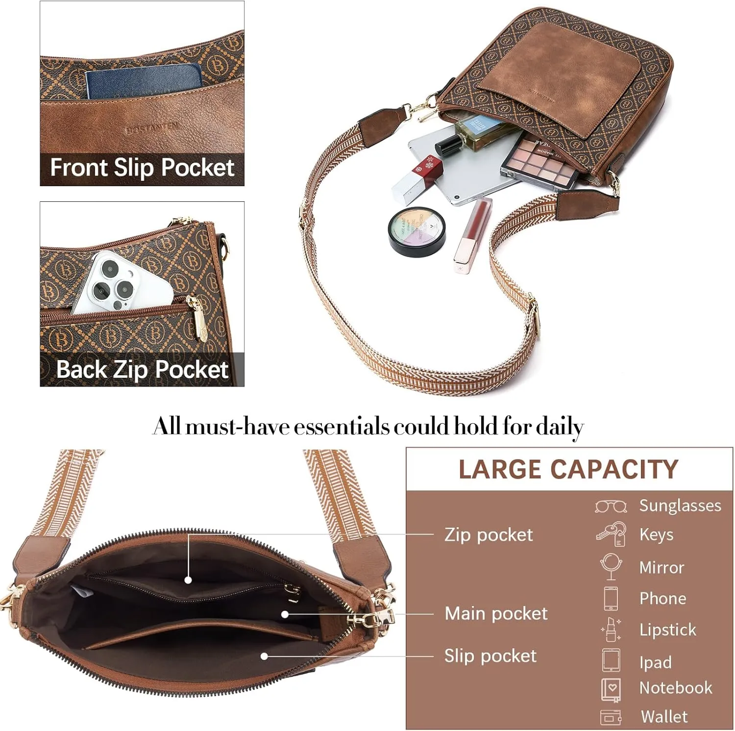 BOSTANTEN Crossbody Bags for Women Trendy Vegan Leather Hobo Handbags Fashion Shoulder Purse with Adjustable Guitar Strap