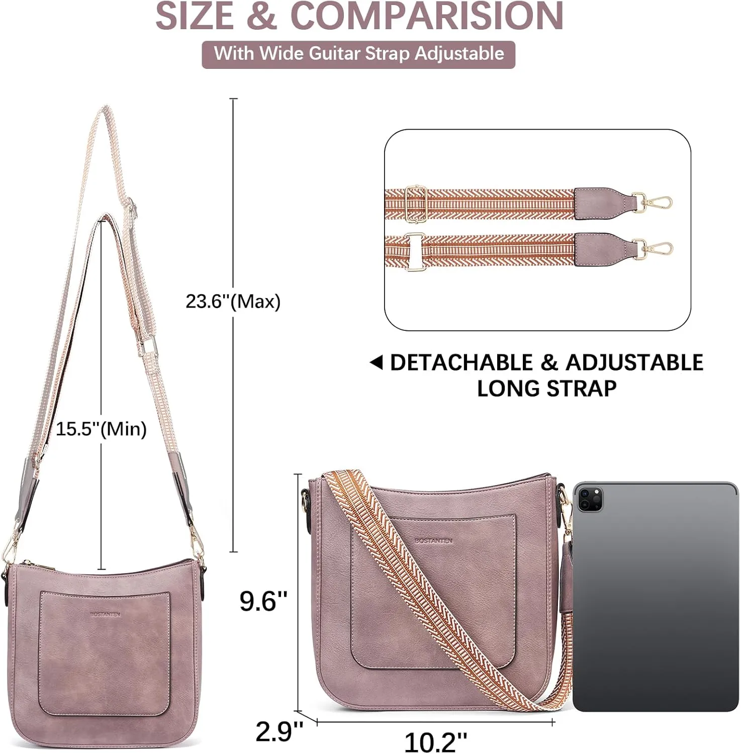BOSTANTEN Crossbody Bags for Women Trendy Vegan Leather Hobo Handbags Fashion Shoulder Purse with Adjustable Guitar Strap