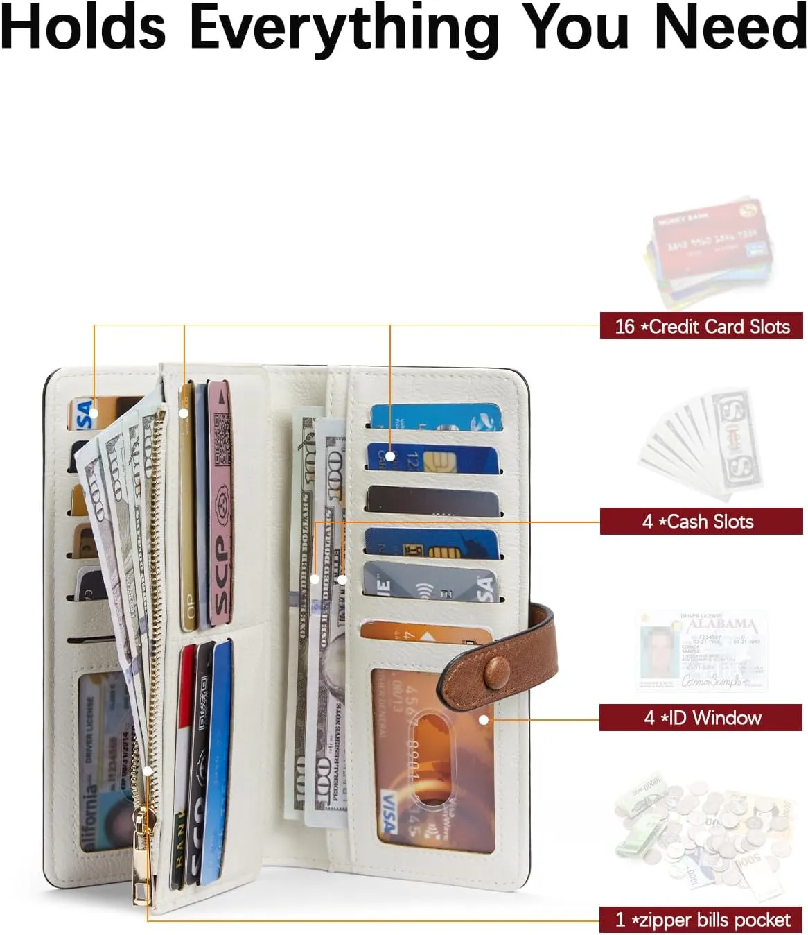 BOSTANTEN Womens Leather Wallets RFID Blocking Large Capacity Trifold Card Holder Ladies Phone Clutch Beige＆Brown