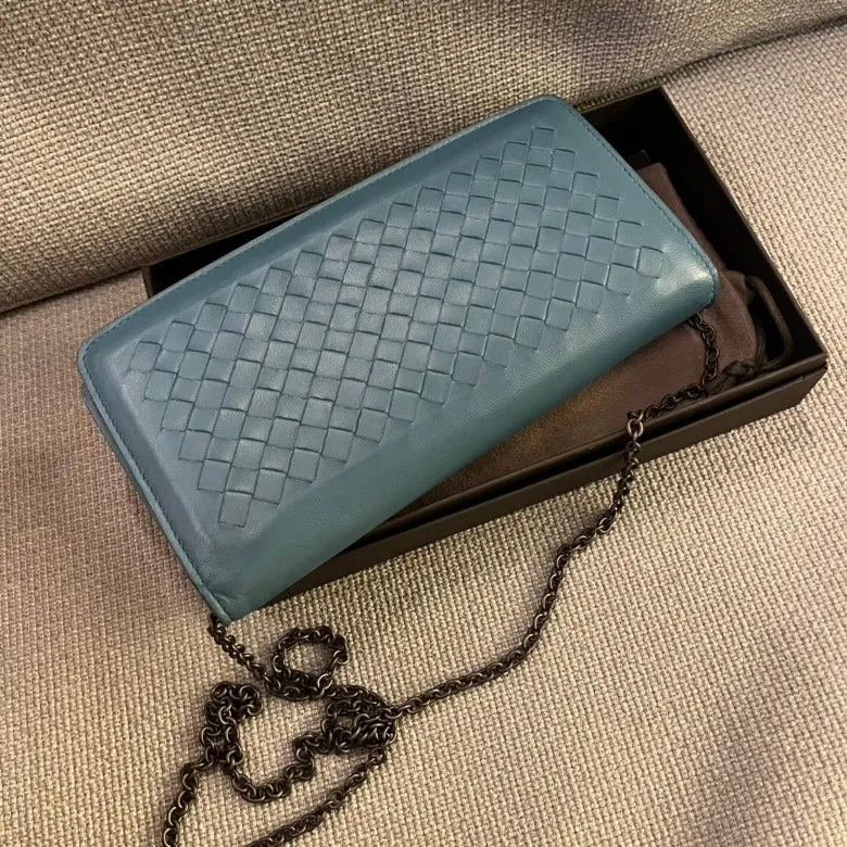 Bottega Veneta Intrecciato Teal Leather Chain Crossbody Bag