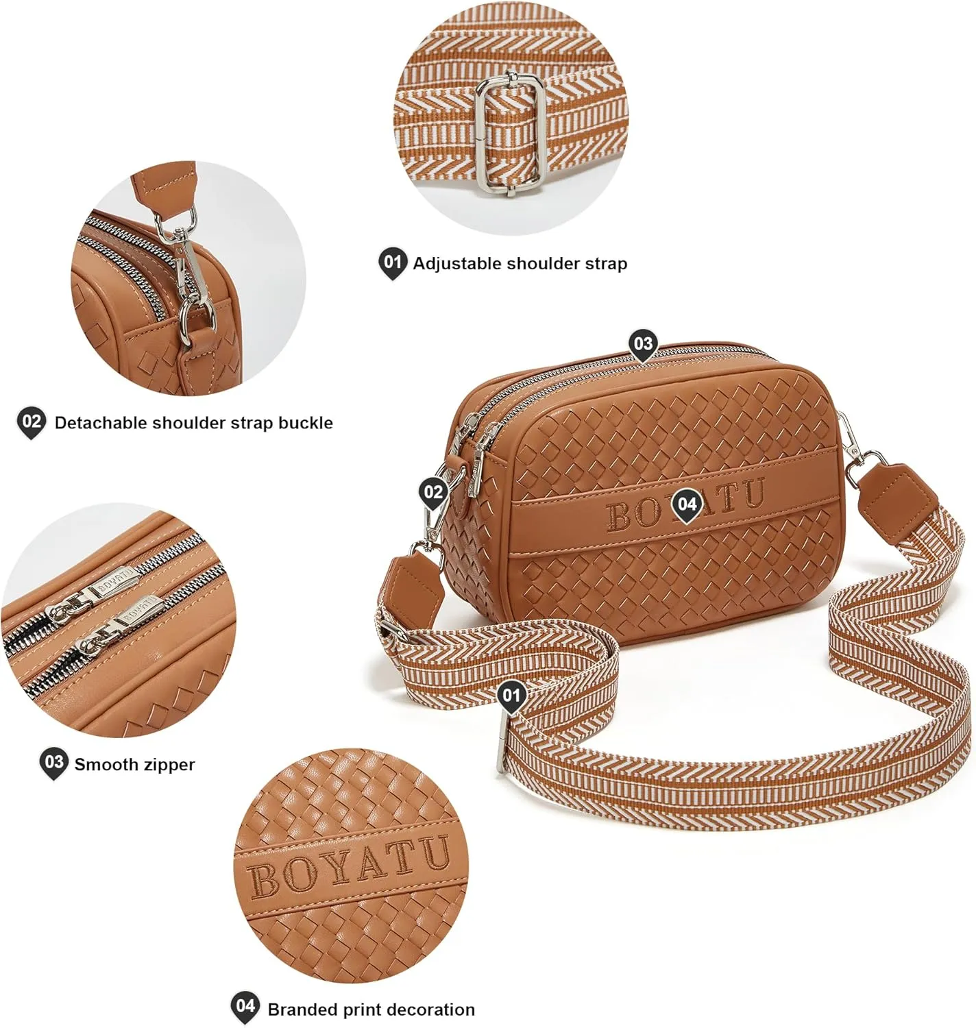 BOYATU Woven Crossbody Bag for Women: Vegan Leather Purse - Small Shoulder Bags for Ladies - Trendy Purses with Wide Strap