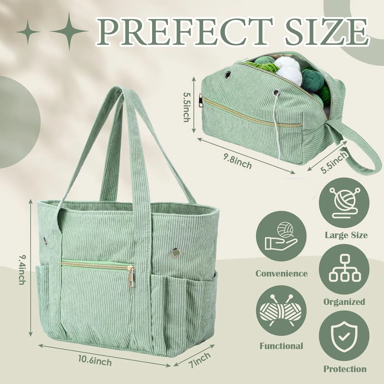 Bulyoou 2 Pcs Crochet Bag and Tote Set Corduroy Yarn Bag Crochet Tote Bag for Crochet Hooks Organizer Yarn Holder for Crochet Lovers Knitting Bag Crochet Accessories(Green)
