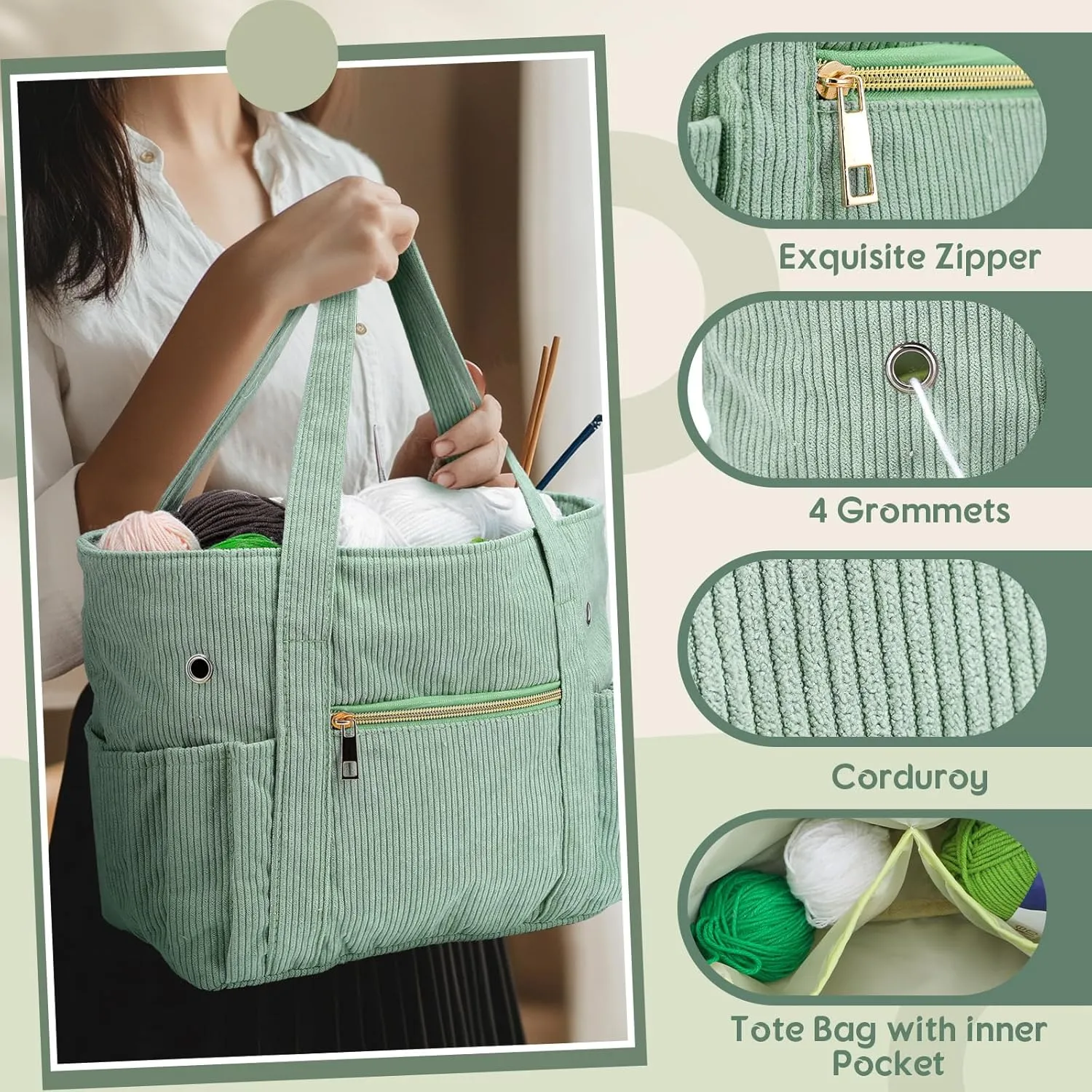 Bulyoou 2 Pcs Crochet Bag and Tote Set Corduroy Yarn Bag Crochet Tote Bag for Crochet Hooks Organizer Yarn Holder for Crochet Lovers Knitting Bag Crochet Accessories(Green)