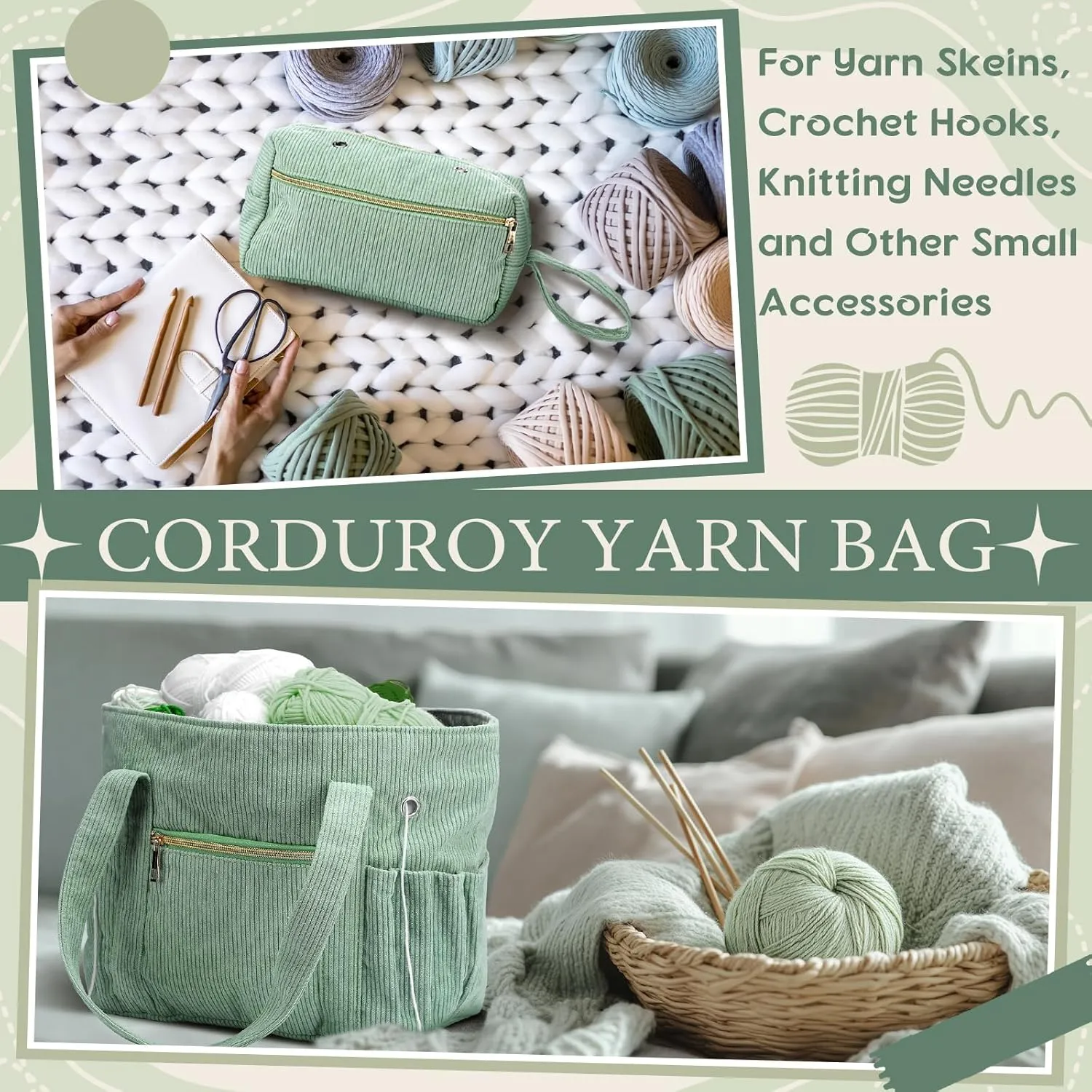 Bulyoou 2 Pcs Crochet Bag and Tote Set Corduroy Yarn Bag Crochet Tote Bag for Crochet Hooks Organizer Yarn Holder for Crochet Lovers Knitting Bag Crochet Accessories(Green)