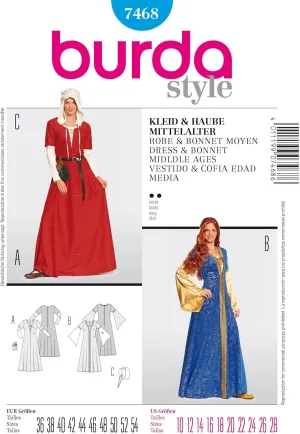 Burda B7468 Dress and Hat Sewing Pattern Middle Ages 19 x 13 cm, 8-26