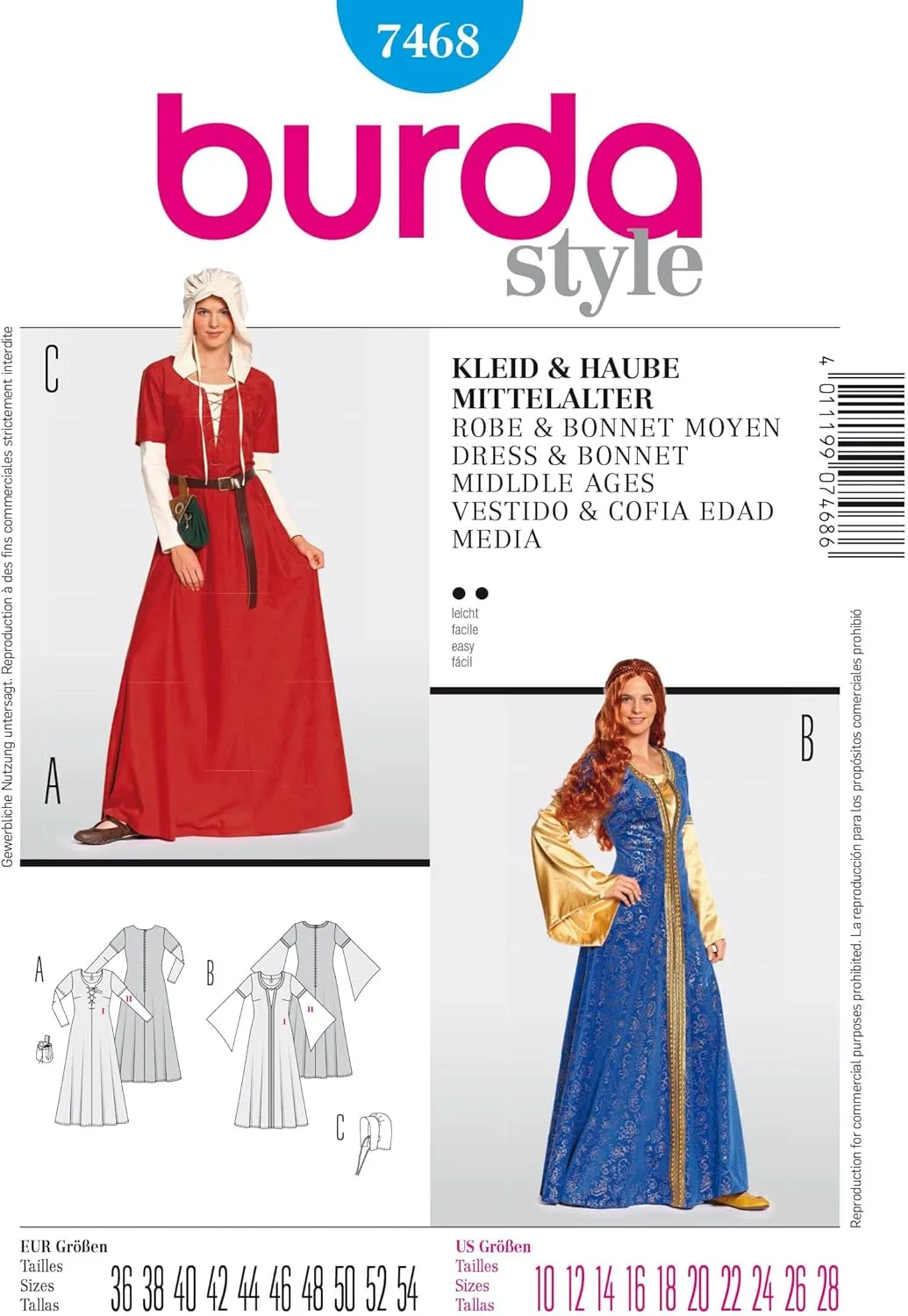 Burda B7468 Dress and Hat Sewing Pattern Middle Ages 19 x 13 cm, 8-26