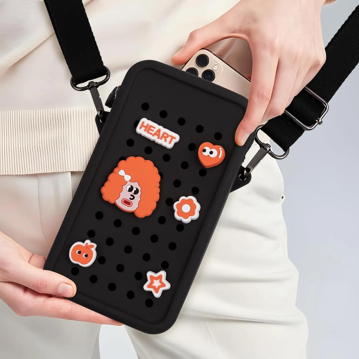 CANDY Small Crossbody Bag with Wide Shoulder Strap and Larger Holes for Charms – Adjustable, Stylish, and Comfortable Everyday Bag (Black)