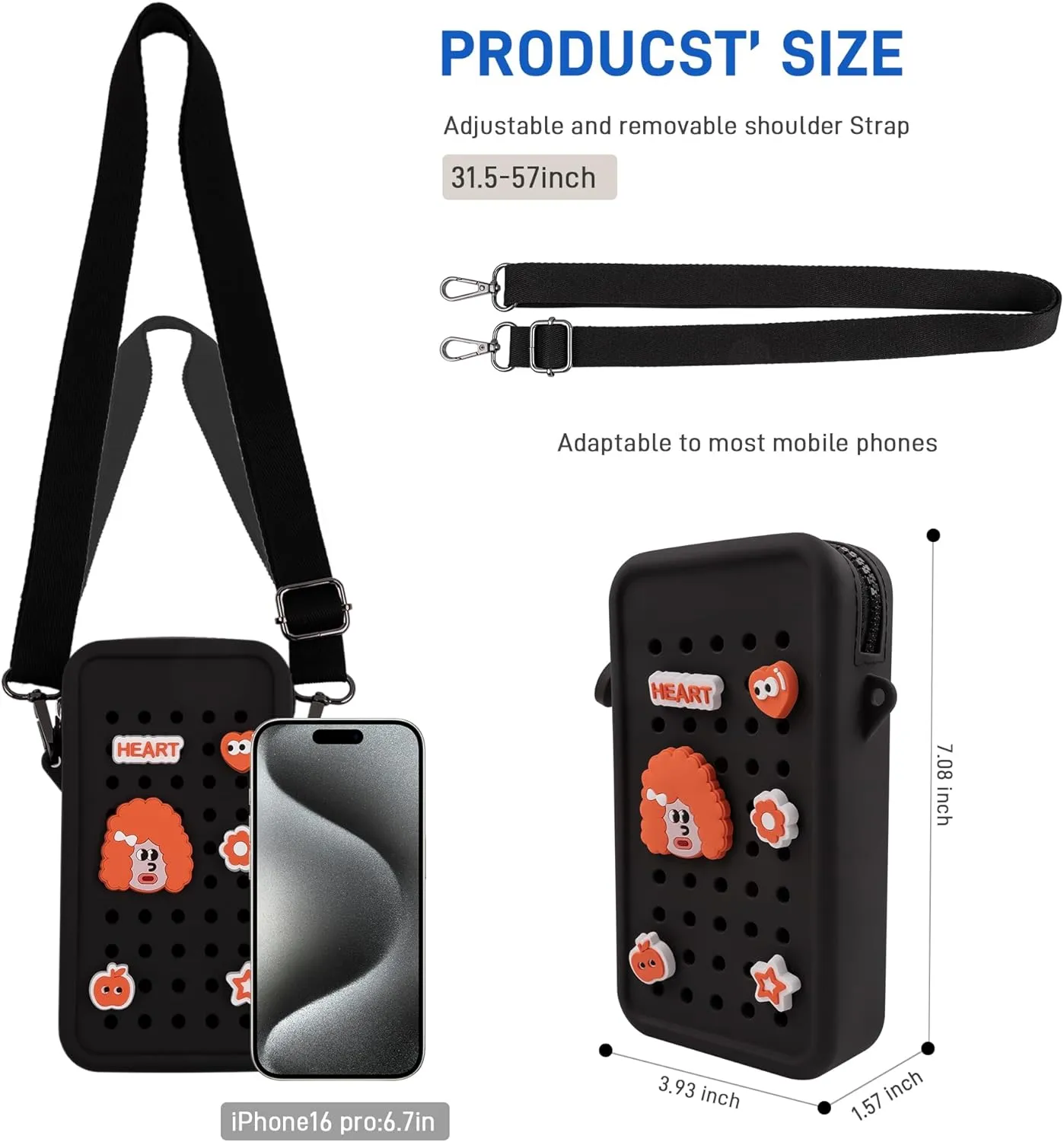 CANDY Small Crossbody Bag with Wide Shoulder Strap and Larger Holes for Charms – Adjustable, Stylish, and Comfortable Everyday Bag (Black)