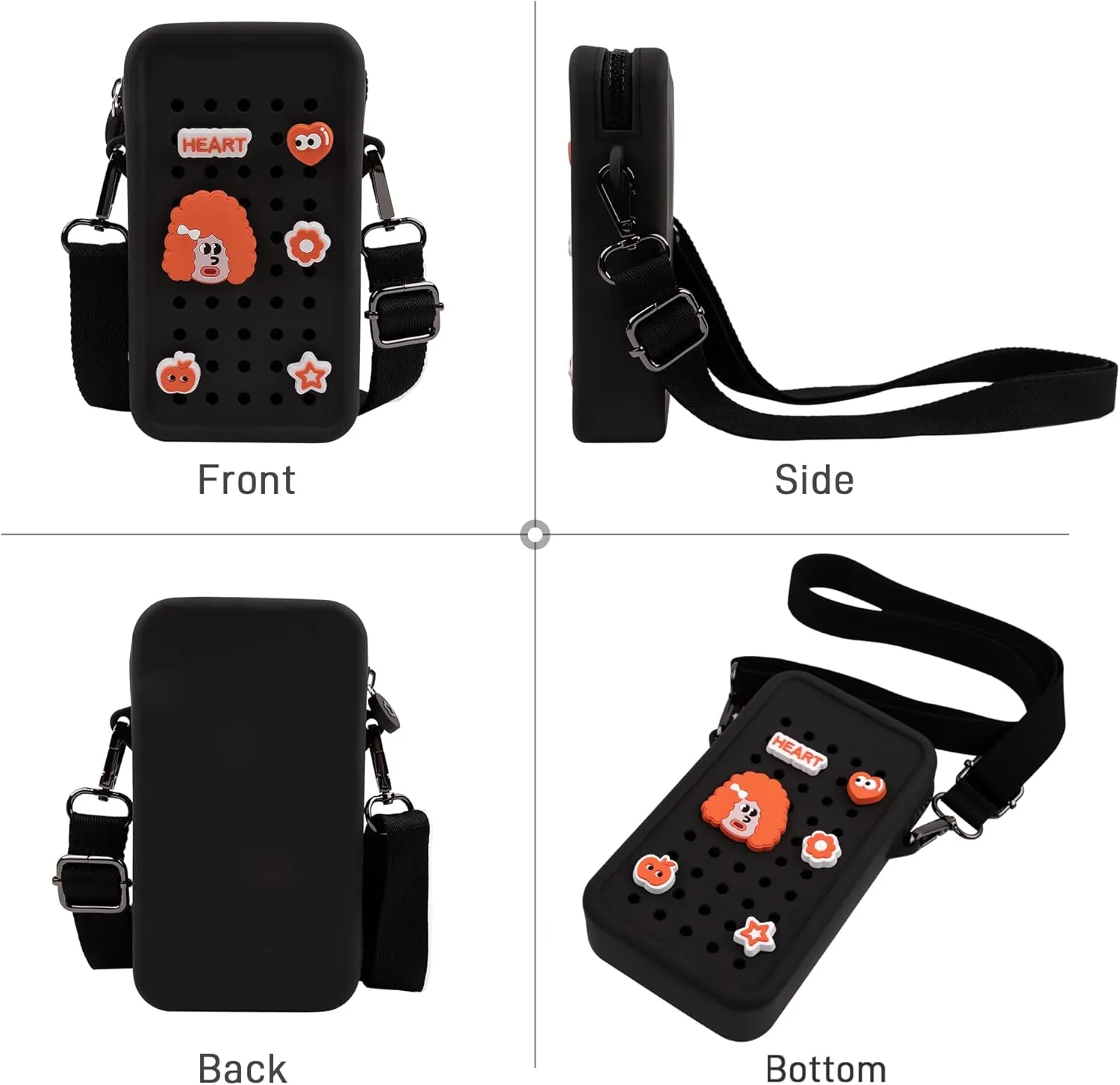 CANDY Small Crossbody Bag with Wide Shoulder Strap and Larger Holes for Charms – Adjustable, Stylish, and Comfortable Everyday Bag (Black)