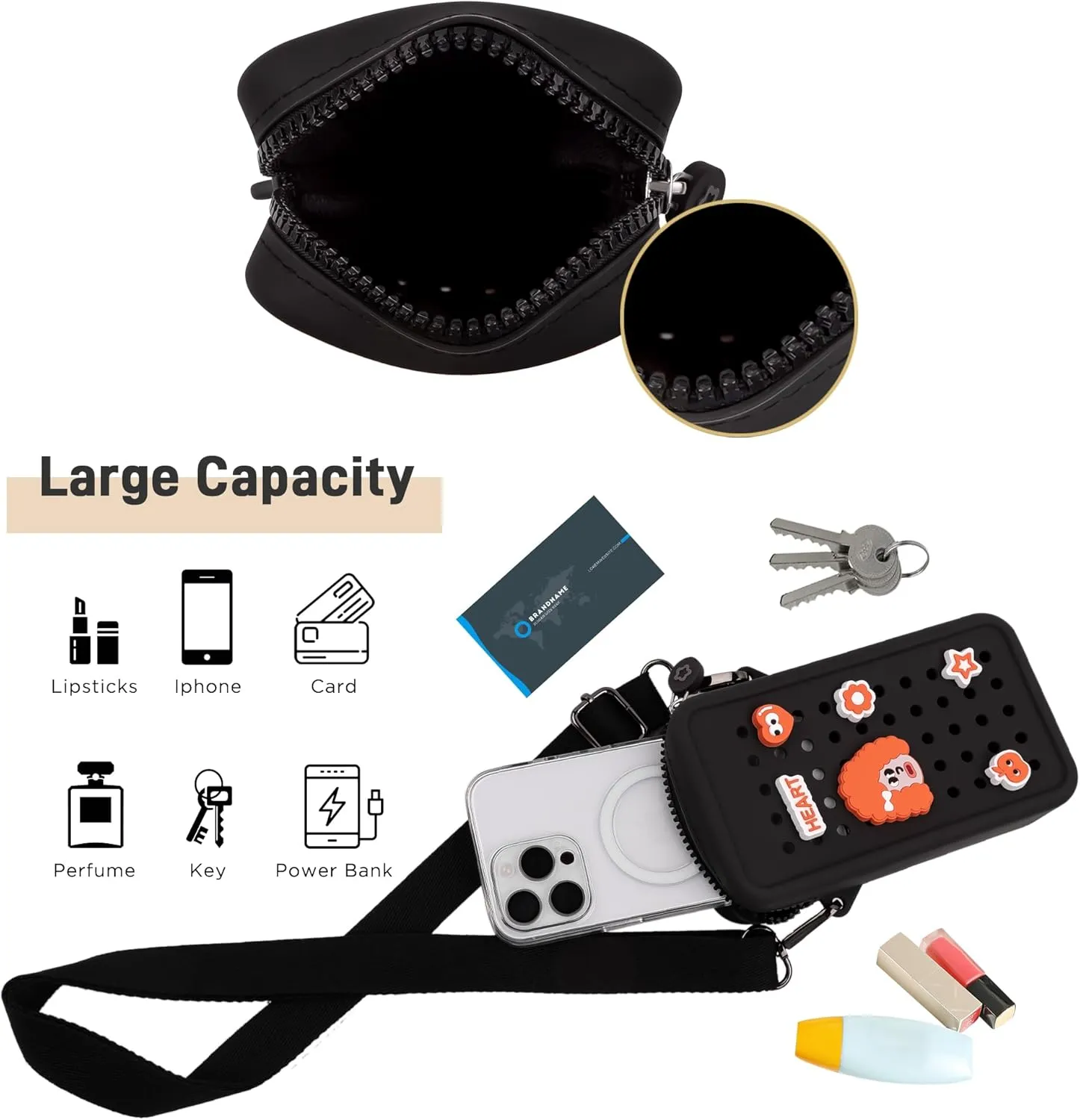 CANDY Small Crossbody Bag with Wide Shoulder Strap and Larger Holes for Charms – Adjustable, Stylish, and Comfortable Everyday Bag (Black)