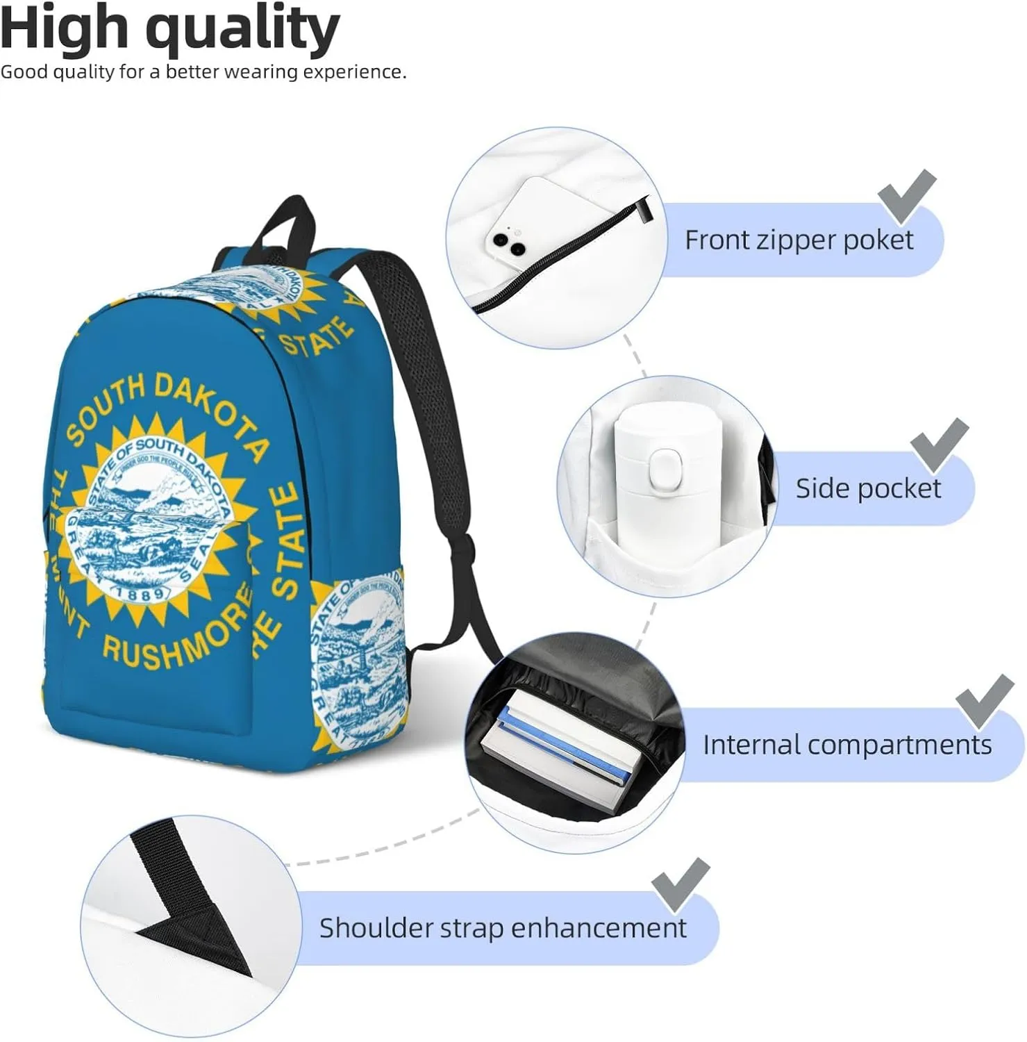 Canvas Fashions South Dakota Flag Print Backpacks,Casual Lightweight Sports Rucksack Travel Multipurpose Bag